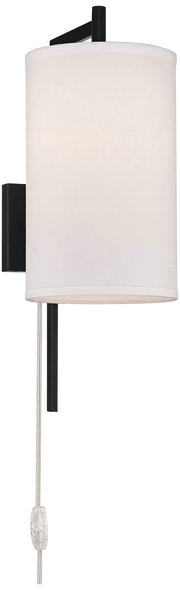 Possini Euro Bixby Modern Wall Mounted Plug-in Sconce Set of 2 - Black Metal Frame with White Fabric Drum Shades for Bedroom, Living Room, Hallway - Perfect for Reading, Ambient Lighting & Home Decor