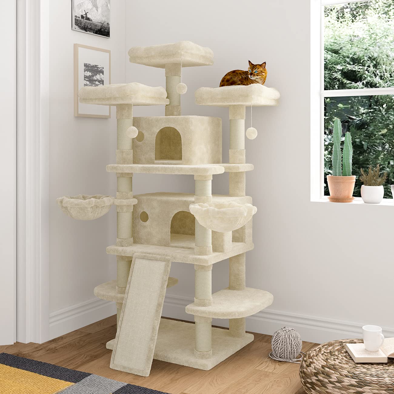 IMUsee 68-Inch Multi-Level Large Cat Tree for Big Cats - Sturdy Cat Tower with Condo, Plush Perches, Sisal Scratching Posts & Hammocks - Feline Activity Center & Playhouse (Beige) - Perfect for Indoor Cats, Playtime & Climbing Exercises