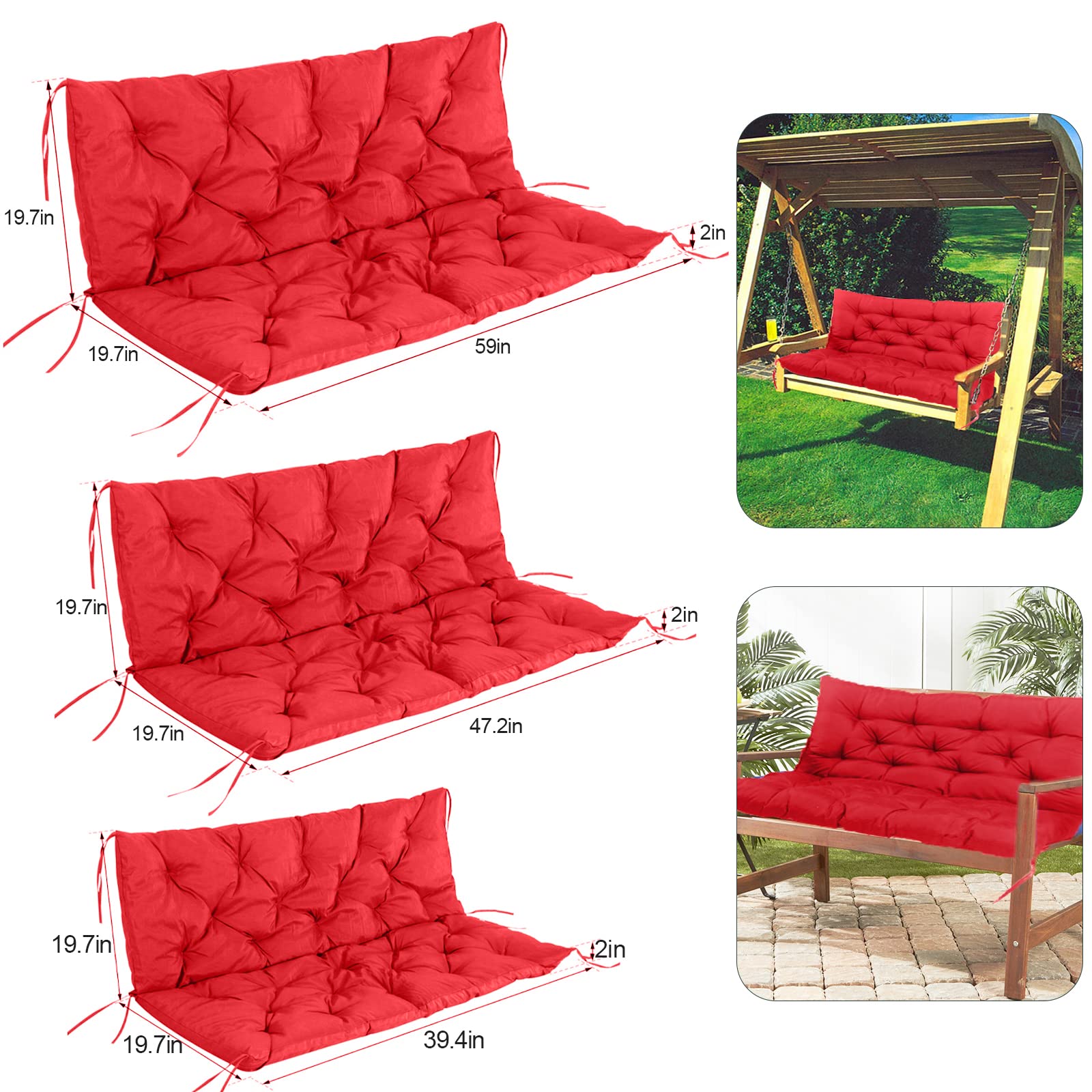 **Waterproof Outdoor Porch Swing Cushion with Backrest – Thick 2-3 Seater Bench Cushion for Garden, Patio, and Recliner Furniture (Red, 60x40in) – Perfect for Relaxing in Your Backyard or Deck**