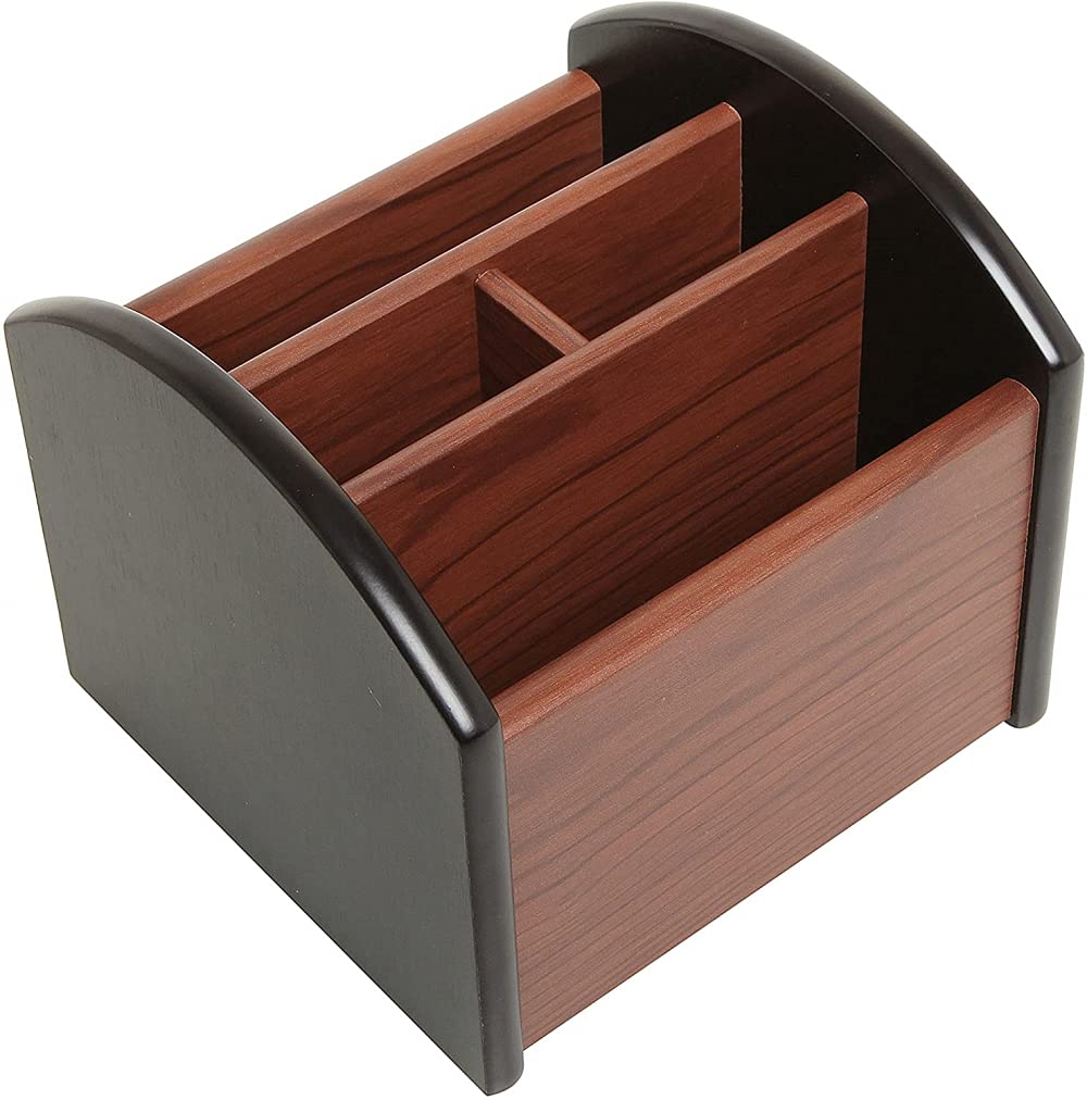 Rotating Wooden Desk Organizer with 4 Compartments - Remote Control Holder & Office Storage Solution for Home, Office, and Workspace Organization