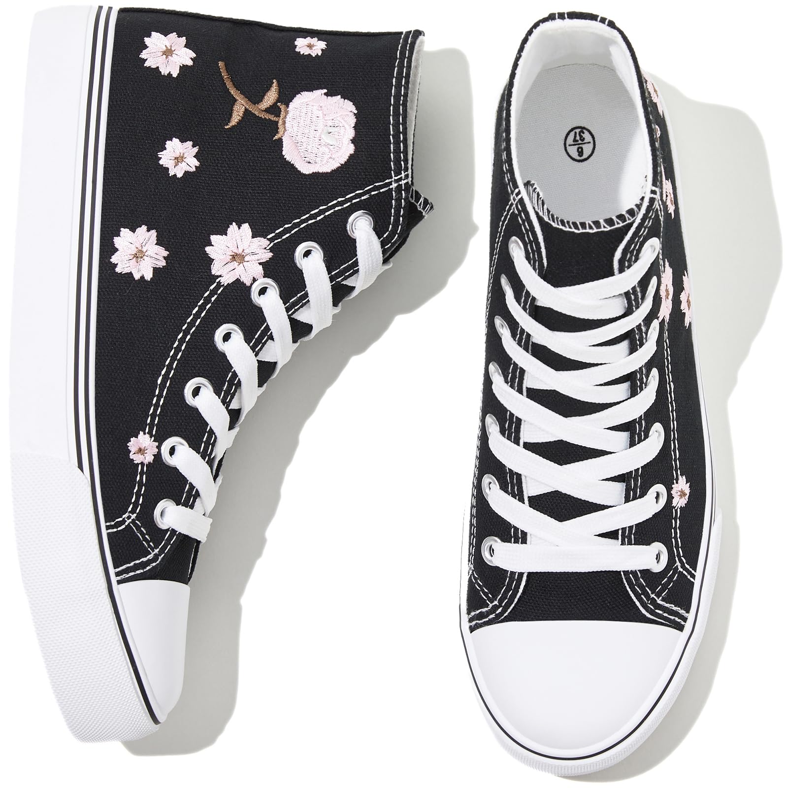 Kufeiti Women's High Top Canvas Sneakers - Lace Up Casual Shoes in White & Black | Fashion Walking Shoes for Women, Street Style & Everyday Wear