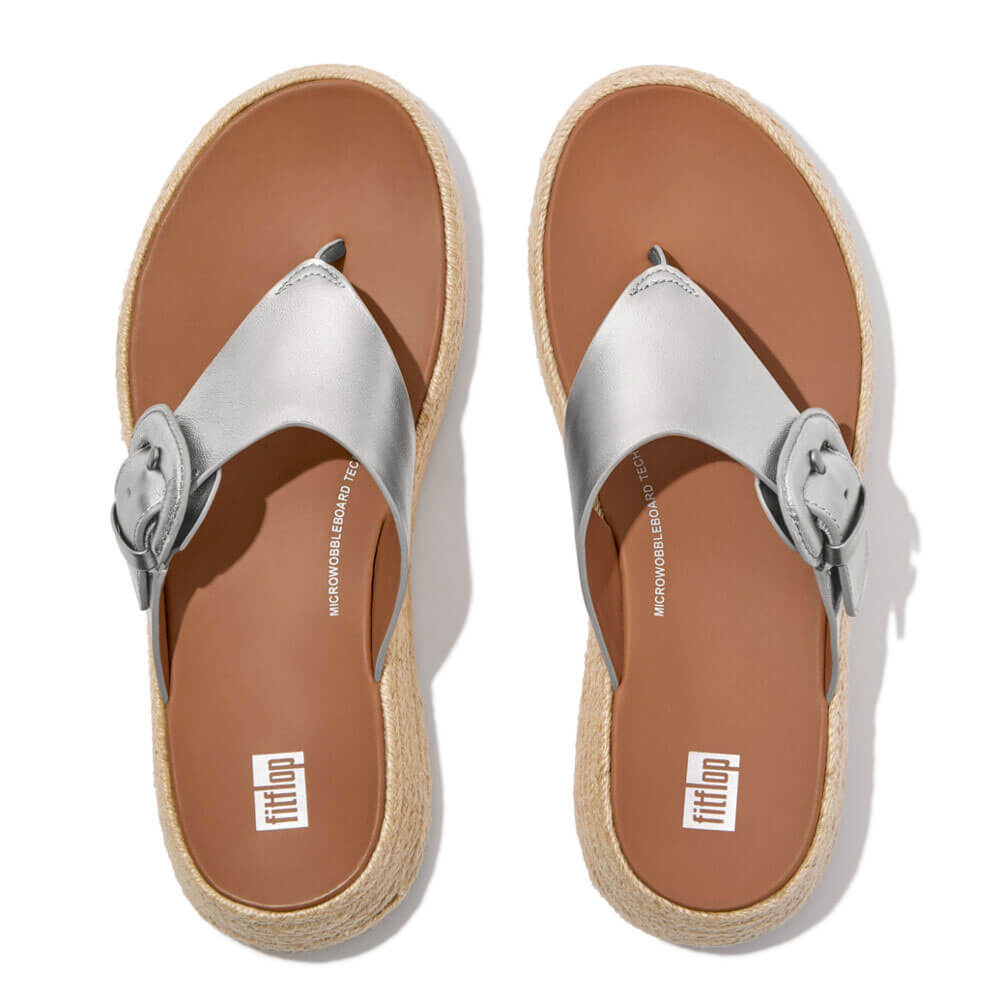 FitFlop F Mode Espadrille Adjustable Leather Flatform Toe Thong Sandals for Women - Silver | Comfortable Summer Beach & Casual Walking Shoes
