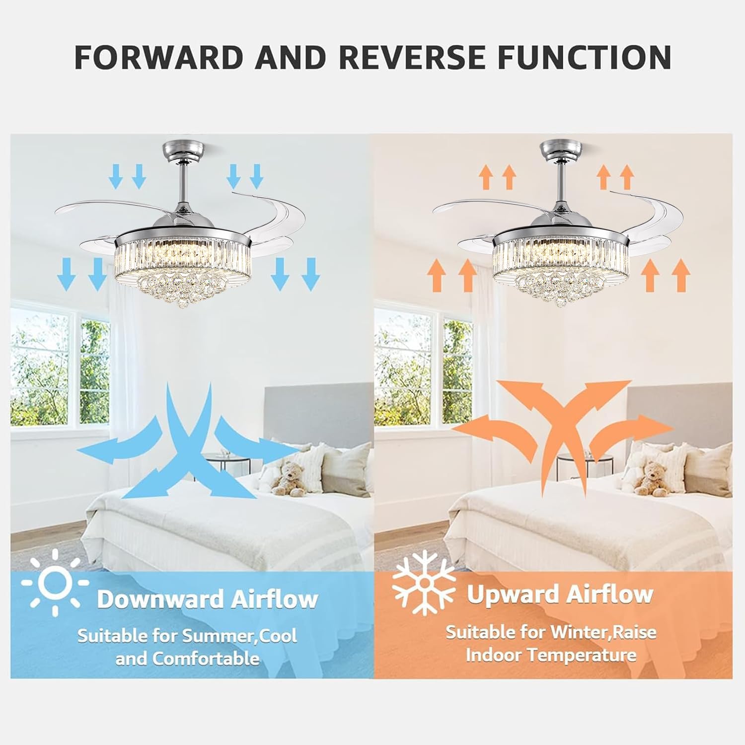 NOXARTE 48 Inch Crystal Chandelier Ceiling Fan with Light - Retractable Blades, Remote Control, Dimmable LED - Perfect for Bedroom, Living Room, Dining Room & Home Decor