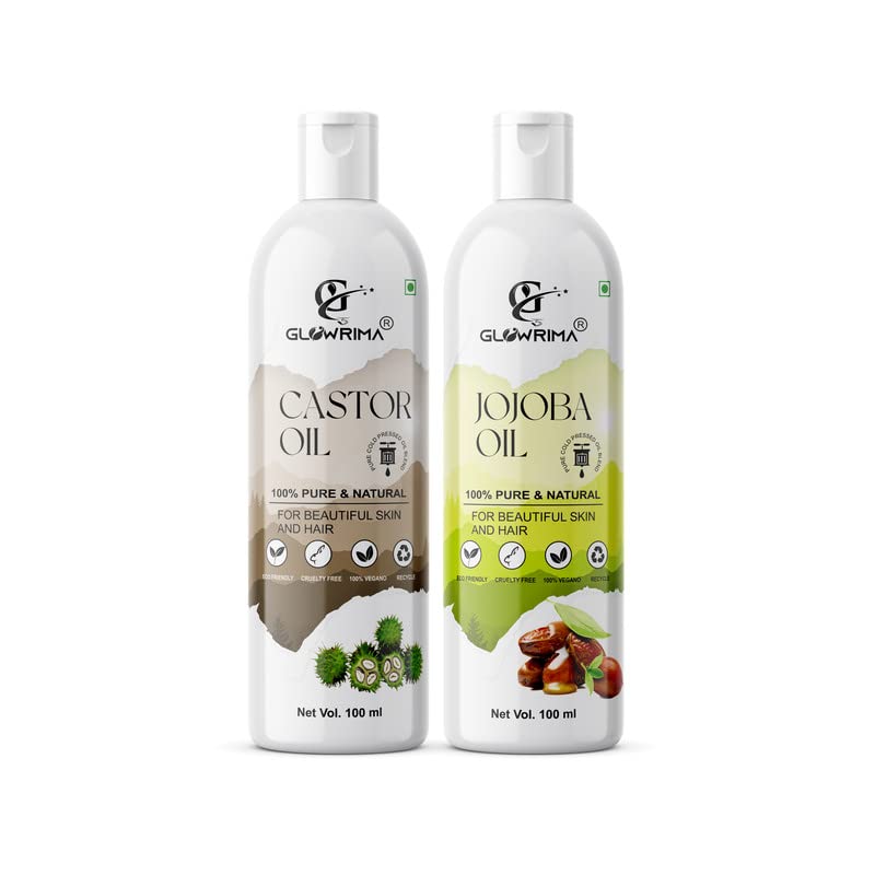 Glowrima 100% Pure Castor Oil & Jojoba Oil Combo Set (100ML Each) - Promotes Rapid Hair Growth, Reduces Hair Fall, Repairs Split Ends for Softer & Shinier Hair - Perfect for Daily Hair Care & Scalp Treatment