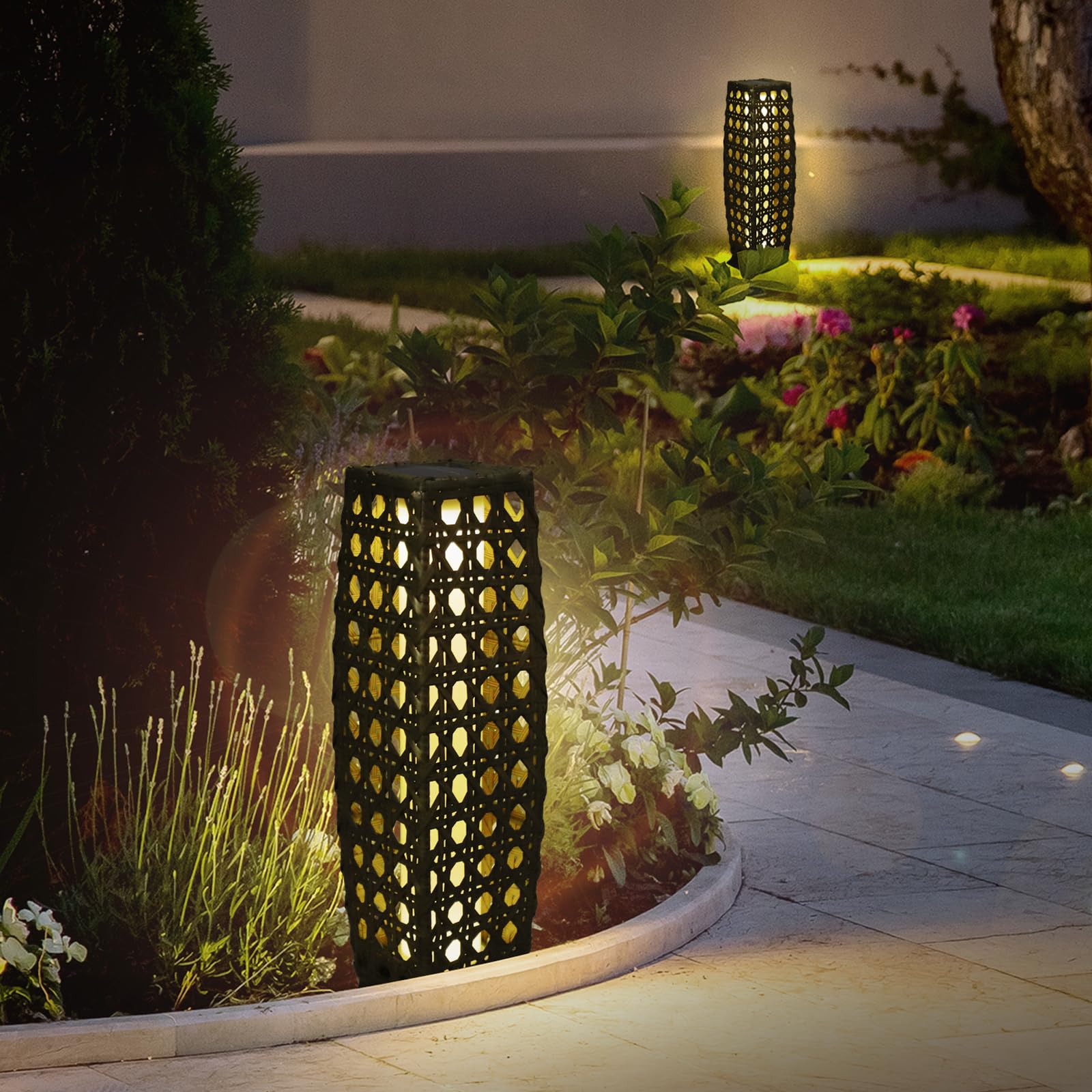 Solar Powered Outdoor Floor Lamps - 2 Pack Waterproof Solar Lanterns with Resin Wicker Design, Weather-Resistant Rattan Deck Lights for Patio, Lawn, Porch, Garden - Perfect for Evening Gatherings & Landscape Lighting