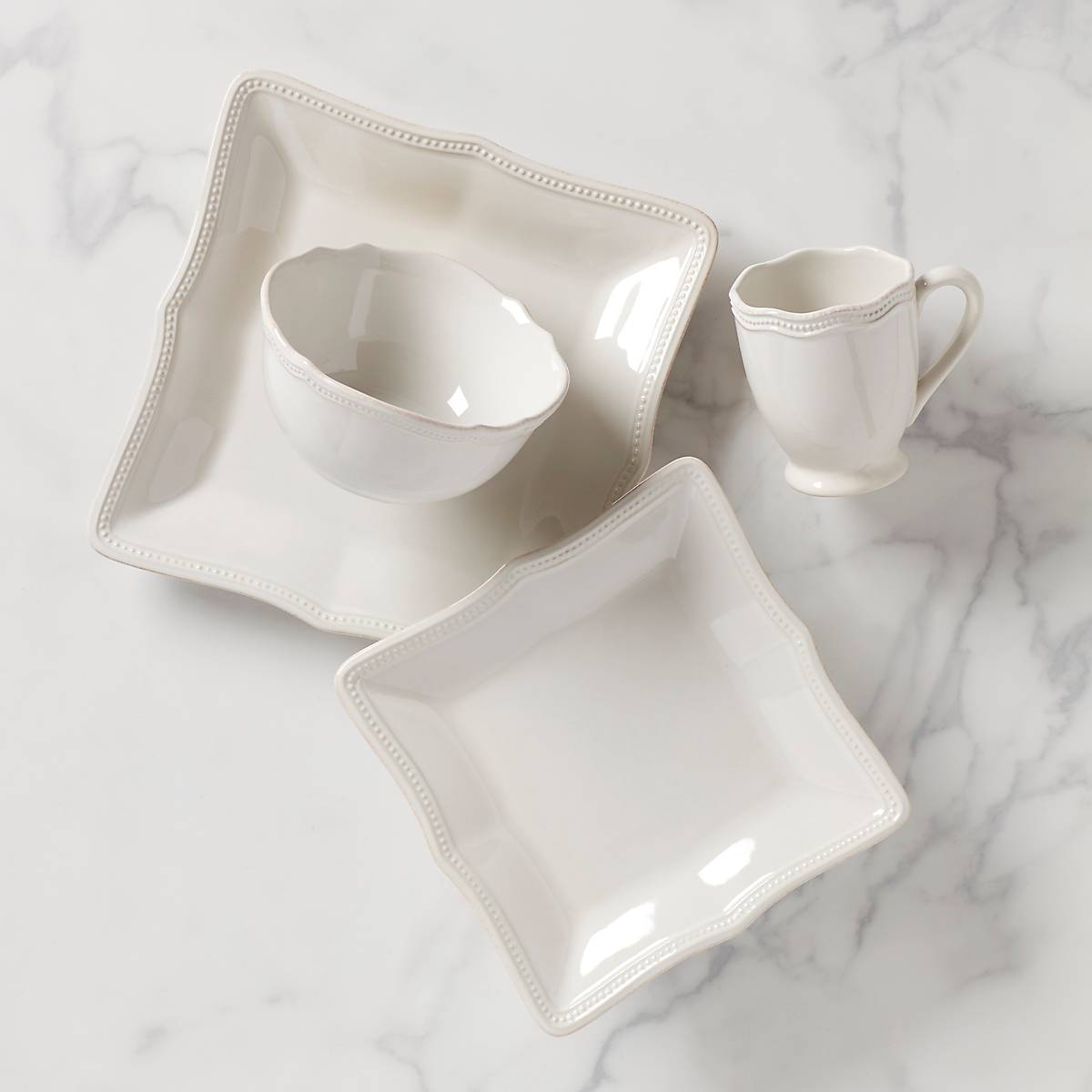 French Pearl Bead White 4-Piece Dinnerware Set - Elegant Table Setting for Weddings, Parties & Fine Dining