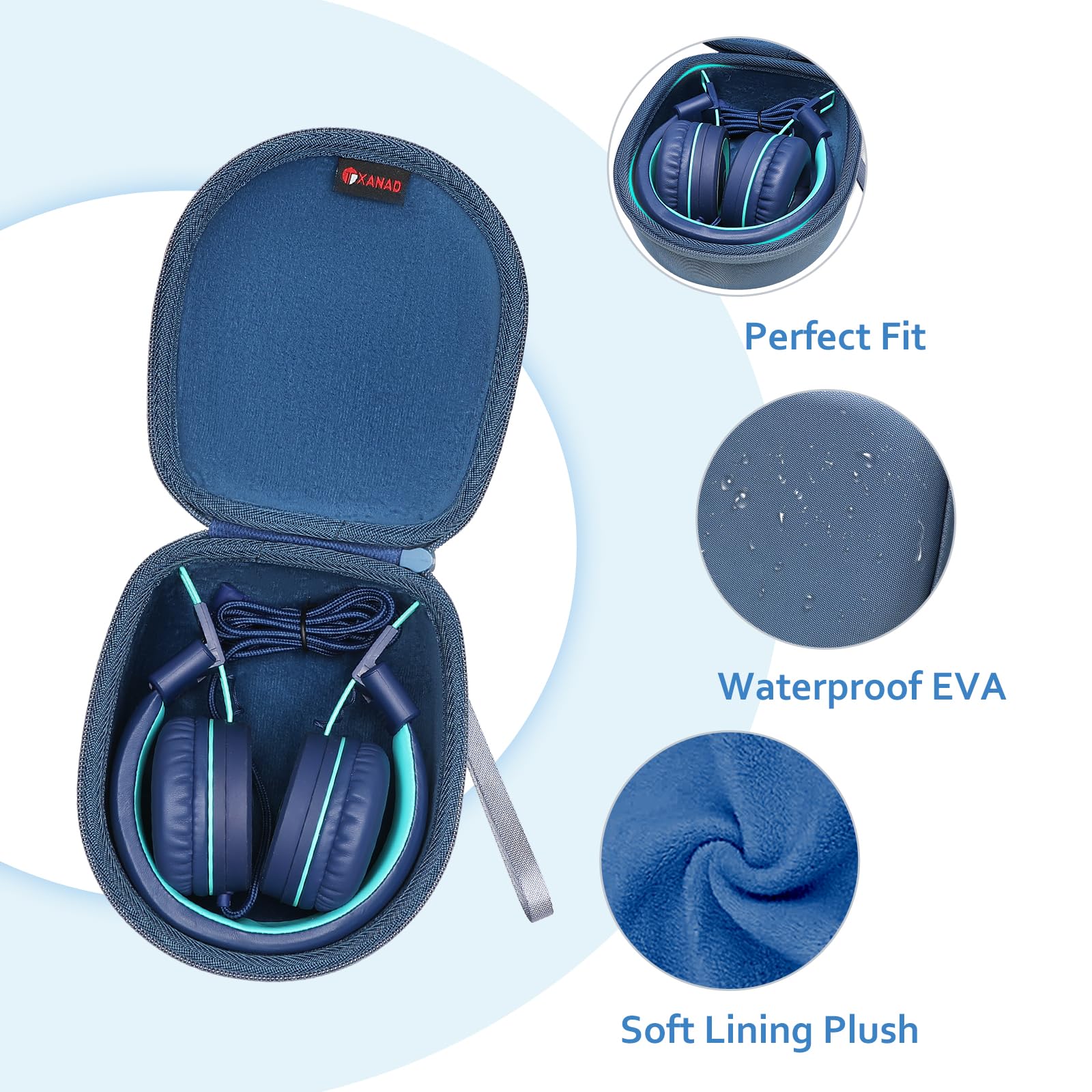 XANAD Kids Headphone Case - Protective Storage Pouch for iClever, EarFun, IMYB, Olyre, Nabevi, PowerLocus & Belkin Wireless Foldable Headphones (Dark Blue) - Perfect for Travel, School & Home Organization