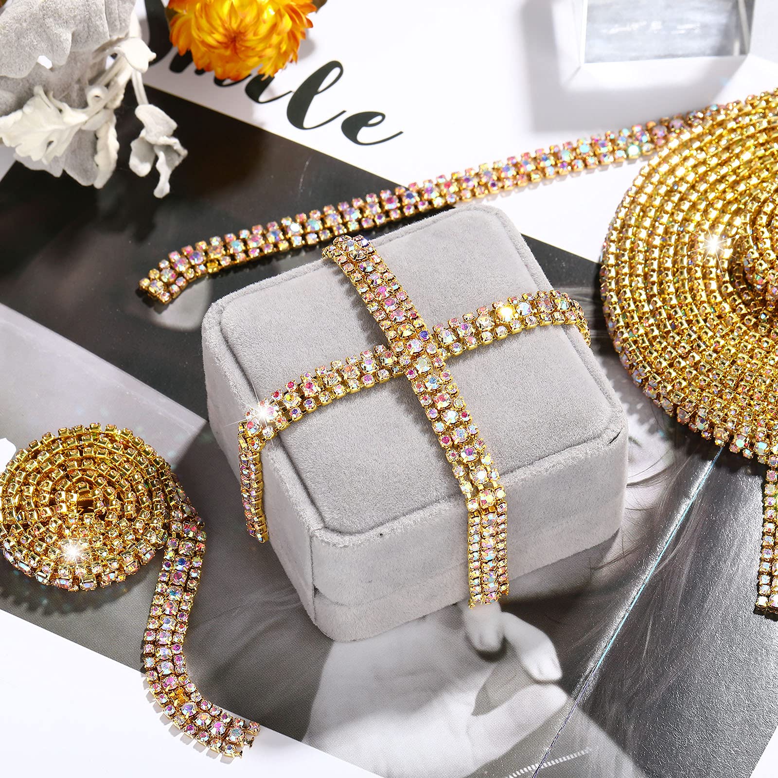 Hicarer 3 Rows Crystal Rhinestone Chain Strips for Sewing, DIY Crafts, Wedding Jewelry, Home Decor - Perfect for Dresses, Handbags, and Costume Accessories