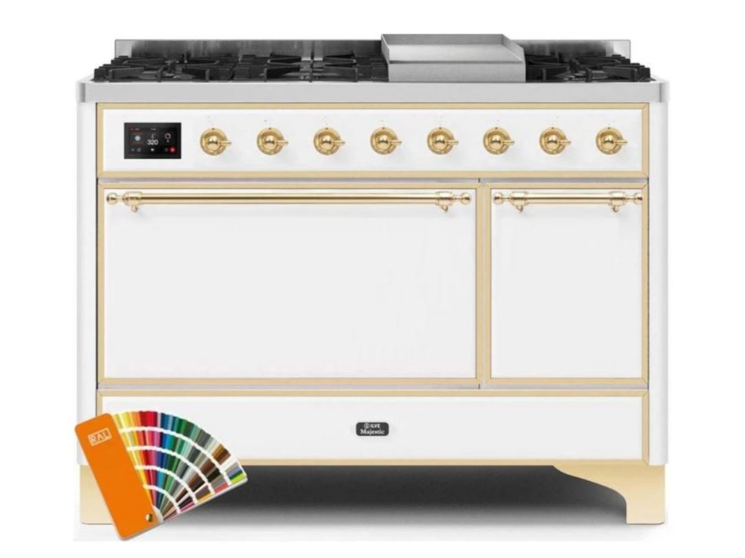 ILVE 48 Inch Majestic II Series Freestanding Dual Fuel Range - 8 Sealed Brass Burners with Non-Stick Coating & Griddle - Propane Gas Stove for Professional Home Kitchen (UM12FDQNS3) | Perfect for Large Family Cooking, Holiday Entertaining & Gourmet Meal Preparation