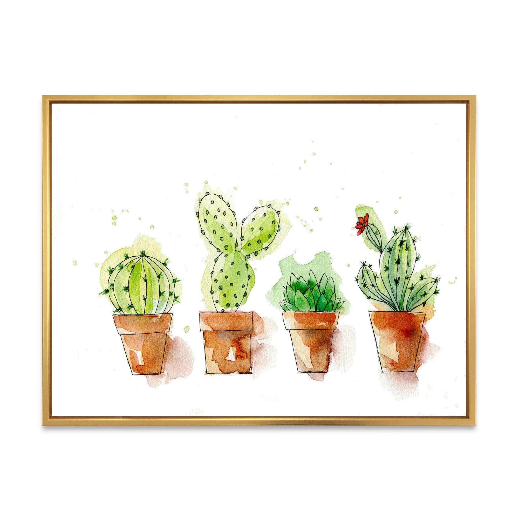 DesignQ Cacti in Ceramic Pots - Soft Tone Traditional Framed Canvas Wall Art Print | Perfect for Living Room, Bedroom & Office Decor