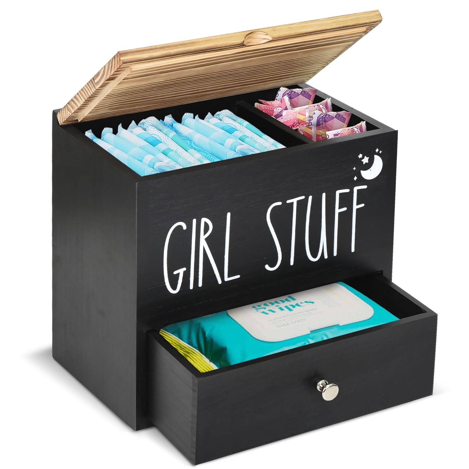 Wooden Feminine Product Organizer with Drawer & Lid - Tampon Holder, Pad Storage & Cotton Ball Organizer for Bathroom | Bathroom Decor Accessories Box for Women's Hygiene Essentials (Black) - Perfect for Vanity Organization & Clutter-Free Bathroom Storage