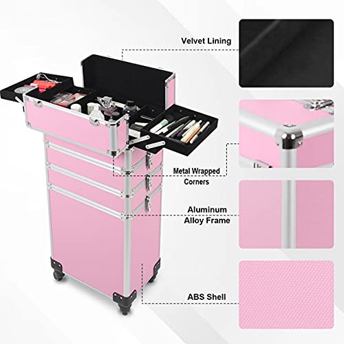 4 in 1 Rolling Portable Makeup Storage Box - Large Cosmetic Organizer Train Case with Wheels for Women & Girls | Travel, Salon, Home & Professional Makeup Artist Use