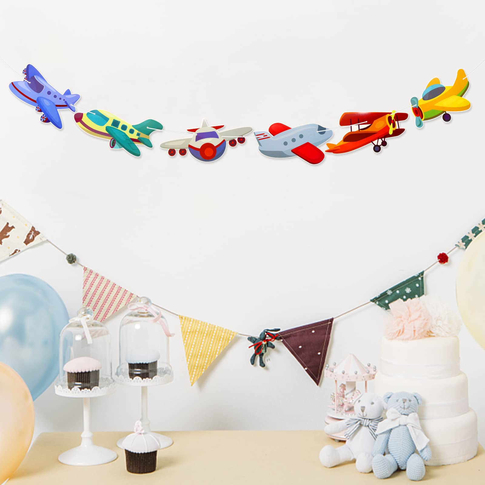 Airplane Garland Banner - Kids Birthday Party Decor, Baby Shower Supplies, Aircraft Bunting & Photo Backdrop - Pre-assembled Airplane Theme Decorations for Nursery, Boys Room & Aviation Themed Events