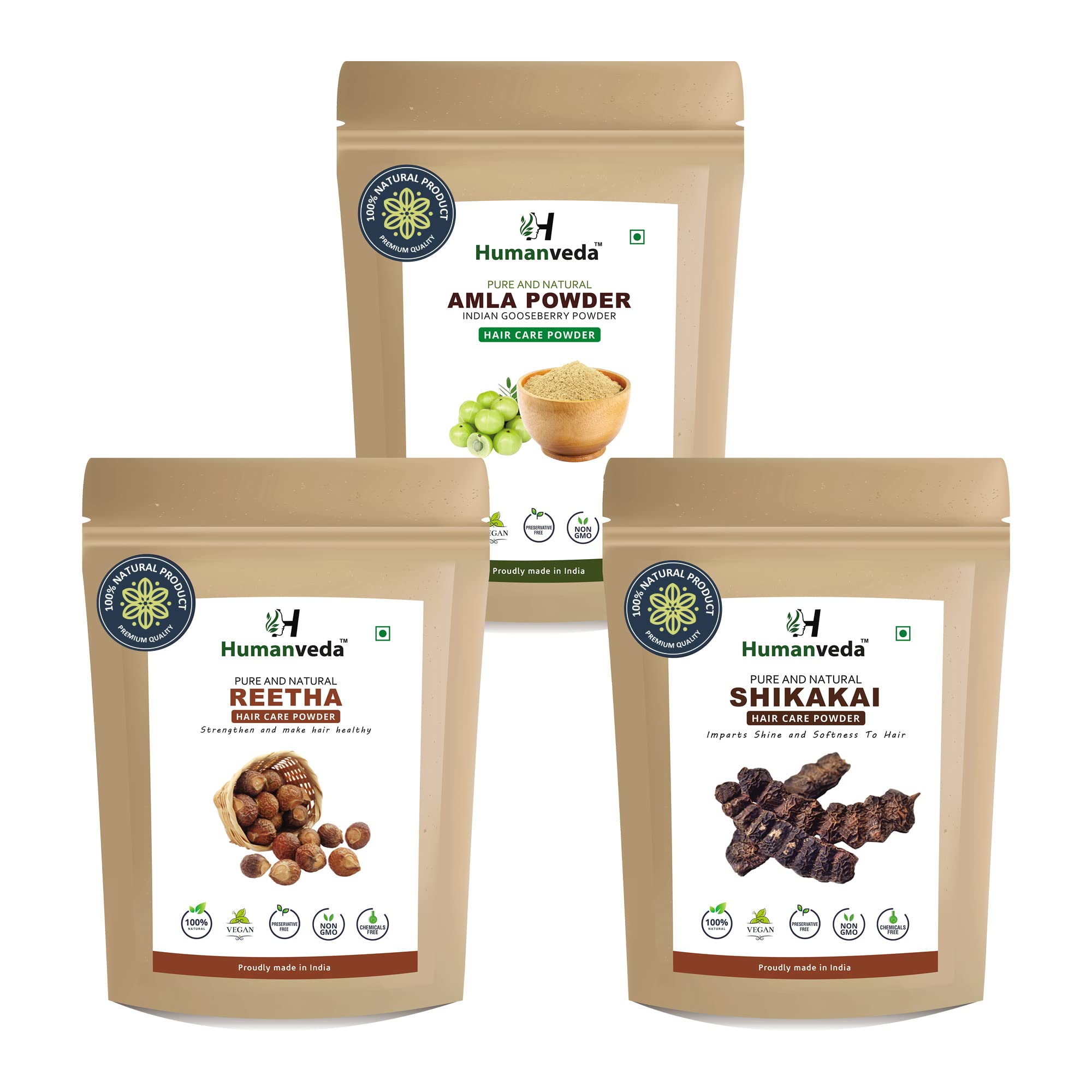 Humanveda Natural Amla, Reetha & Shikakai Powder - 100g Each (Pack of 3) | Herbal Hair Growth Treatment & DIY Hair Mask | Ayurvedic Hair Care Combo for Stronger, Healthier Hair | Perfect for Home Spa & Natural Hair Regimen