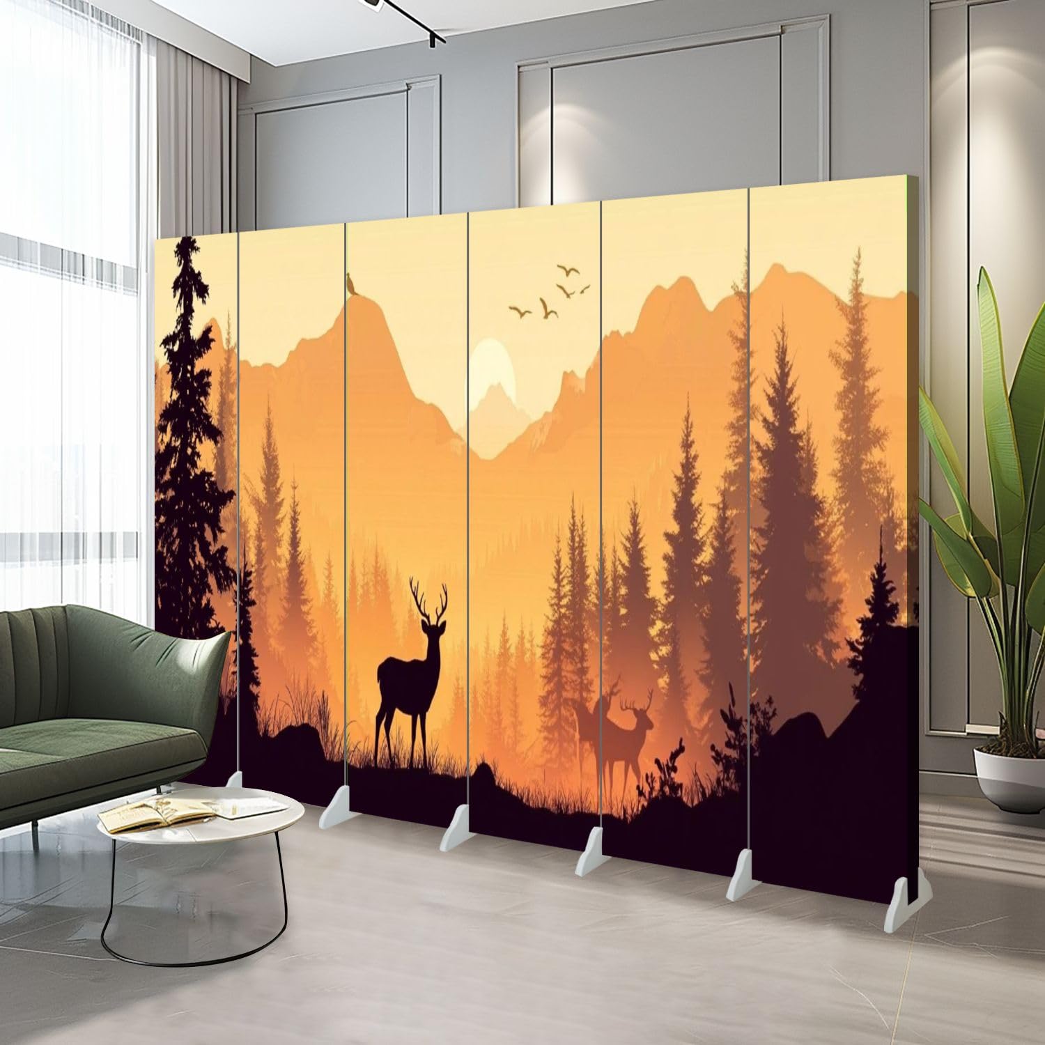 6-Panel Folding Room Divider with Deer Silhouette Design - Freestanding Privacy Screen for Home & Office - Indoor Partition with Forest Mountain Landscape Canvas - Perfect for Living Room, Bedroom, and Workspace Separation