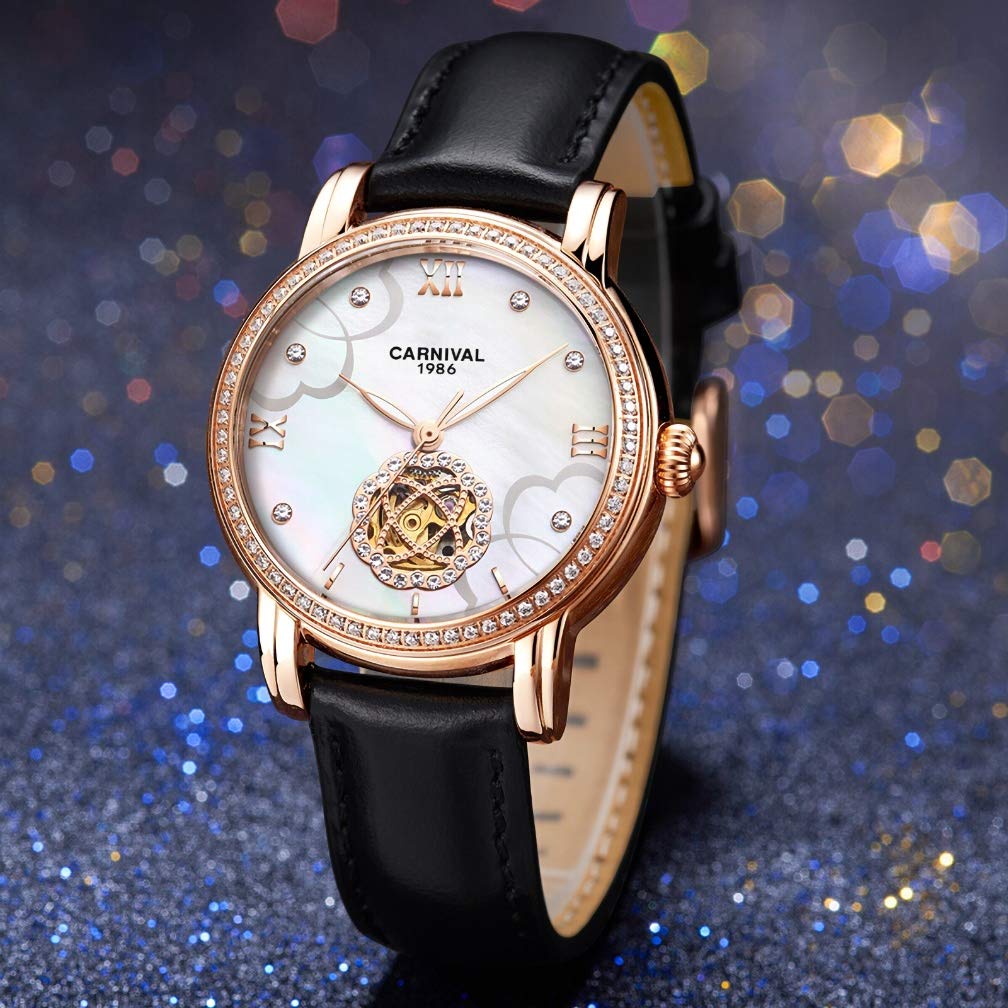 Elegant Mother of Pearl Dial Women's Mechanical Watch with Genuine Leather Band - Perfect for Business, Party & Everyday Wear