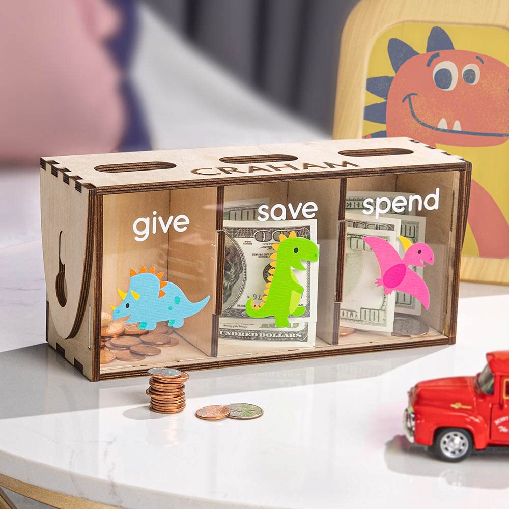 Dinosaur Wooden Piggy Bank for Kids - Large Capacity Coin Money Box with 3 Compartments, Engraving Name & Decorative Patterns | Fun Savings Gift for Boys & Girls (Christmas, Birthday, Toddler) - Perfect for Teaching Money Management & Room Decor