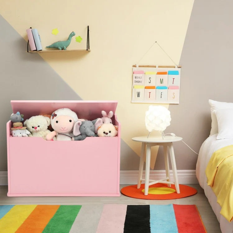 Wooden Flip Top Storage Box with Cushion - Kids Toy Chest Bench with Hinge in Pink | Perfect for Nursery, Playroom & Bedroom Organization
