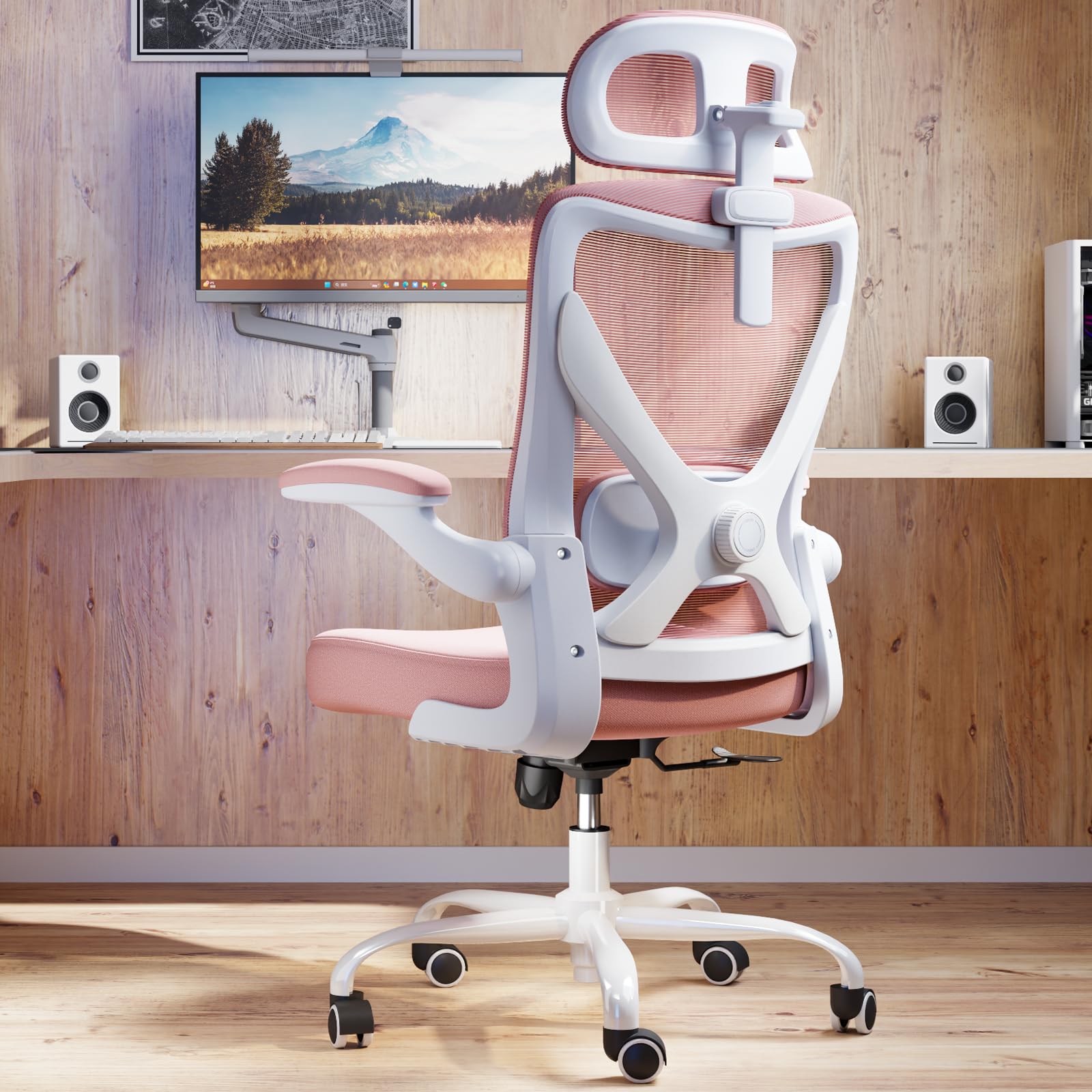 Ergonomic Office Chair with Lumbar Support & Headrest - X-Shaped Mesh Computer Desk Chair for Long Hours Work, Gaming & Home Office - Comfortable Pink Swivel Task Chair for Professionals & Gamers