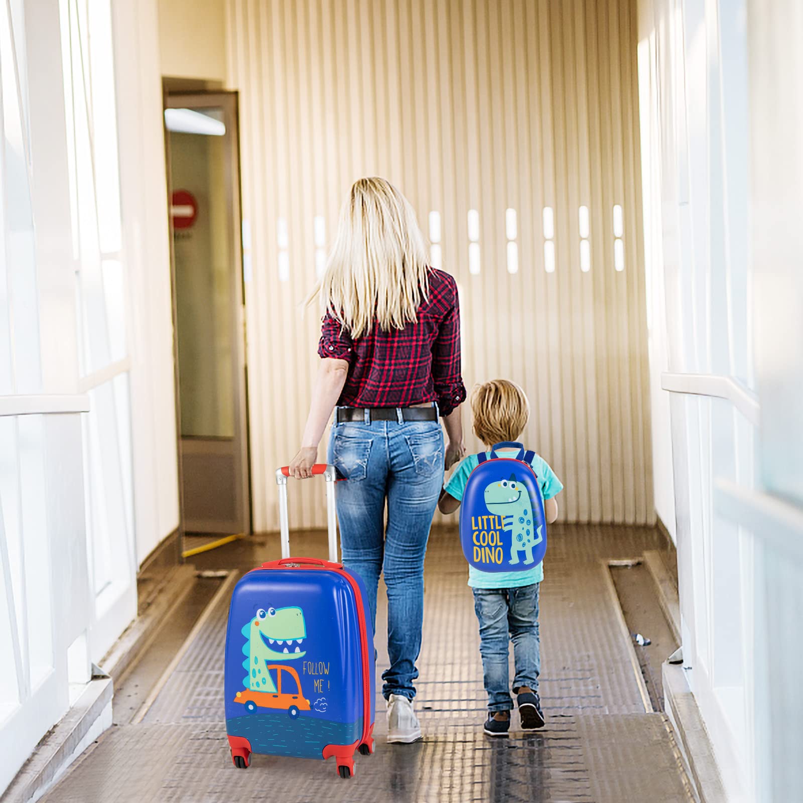 Olakids Kids Luggage Set - 12’’ Travel Backpack & 18’’ Wheeled Carry-On Suitcase for Boys & Girls, 2-Piece Spinner Trolley Case with Dinosaur Design - Perfect for Air Travel, Road Trips & School (Blue Dinosaur)