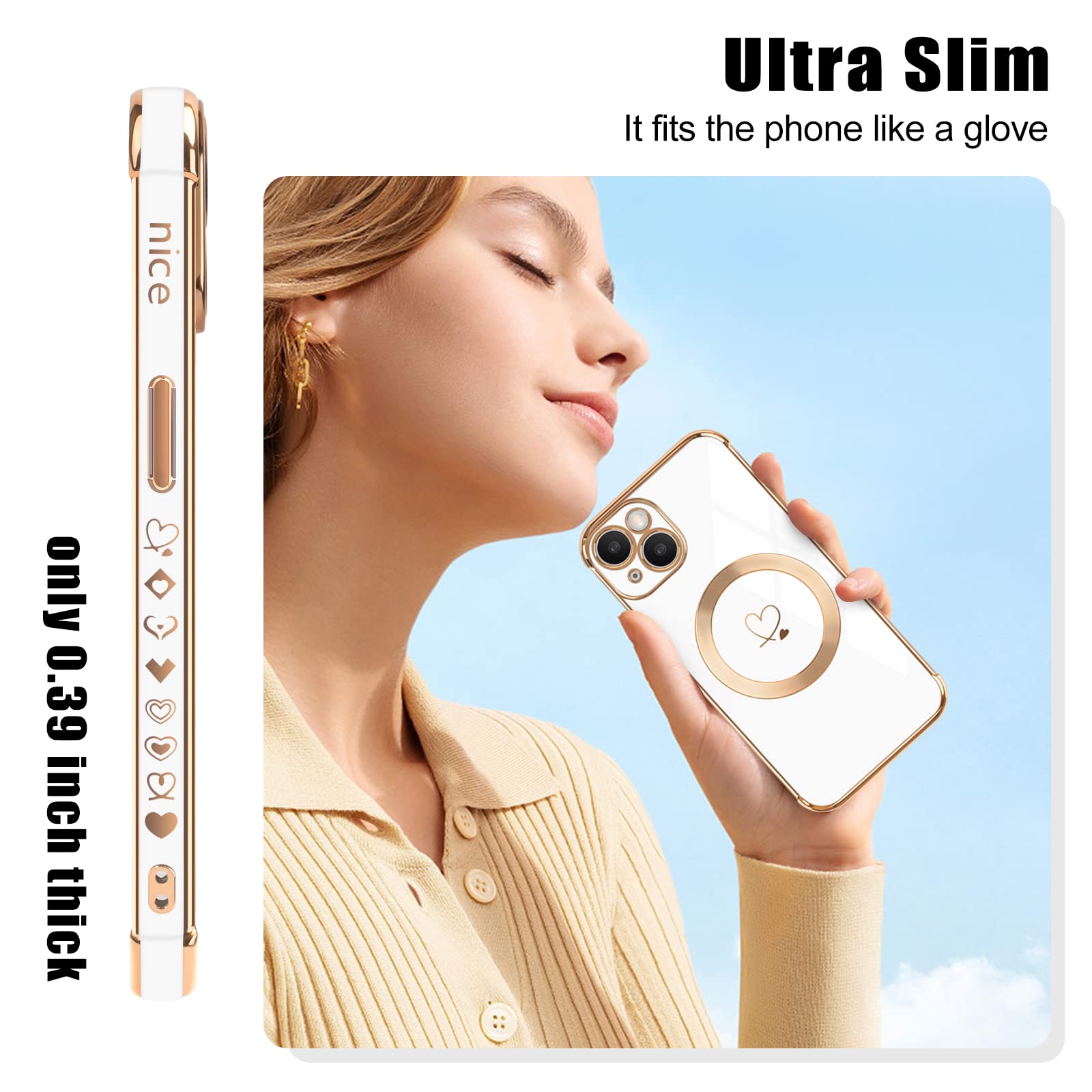 Newseego Magnetic Case for iPhone 13 with MagSafe - Cute Love Heart Pattern & Plating Edge - Soft Silicone Shockproof Protective Cover for Women (White) - Perfect for Daily Use, Work, and Travel