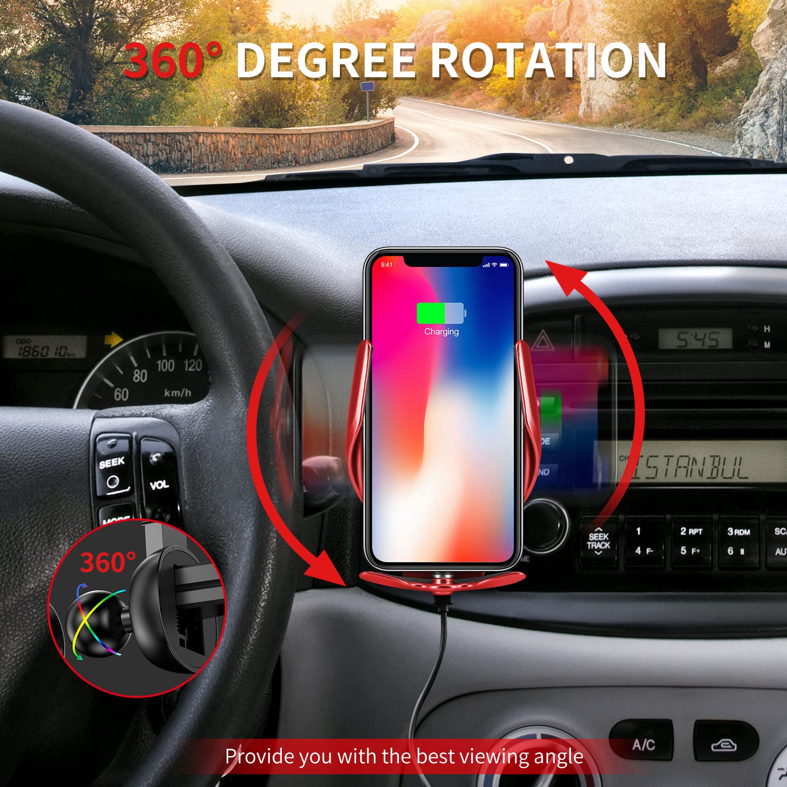 Universal Magnetic Car Phone Mount with Wireless Charging & Aromatherapy Spray - Air Vent Phone Holder Bracket (Red) - Perfect for Hands-Free Driving, Commuting & Travel