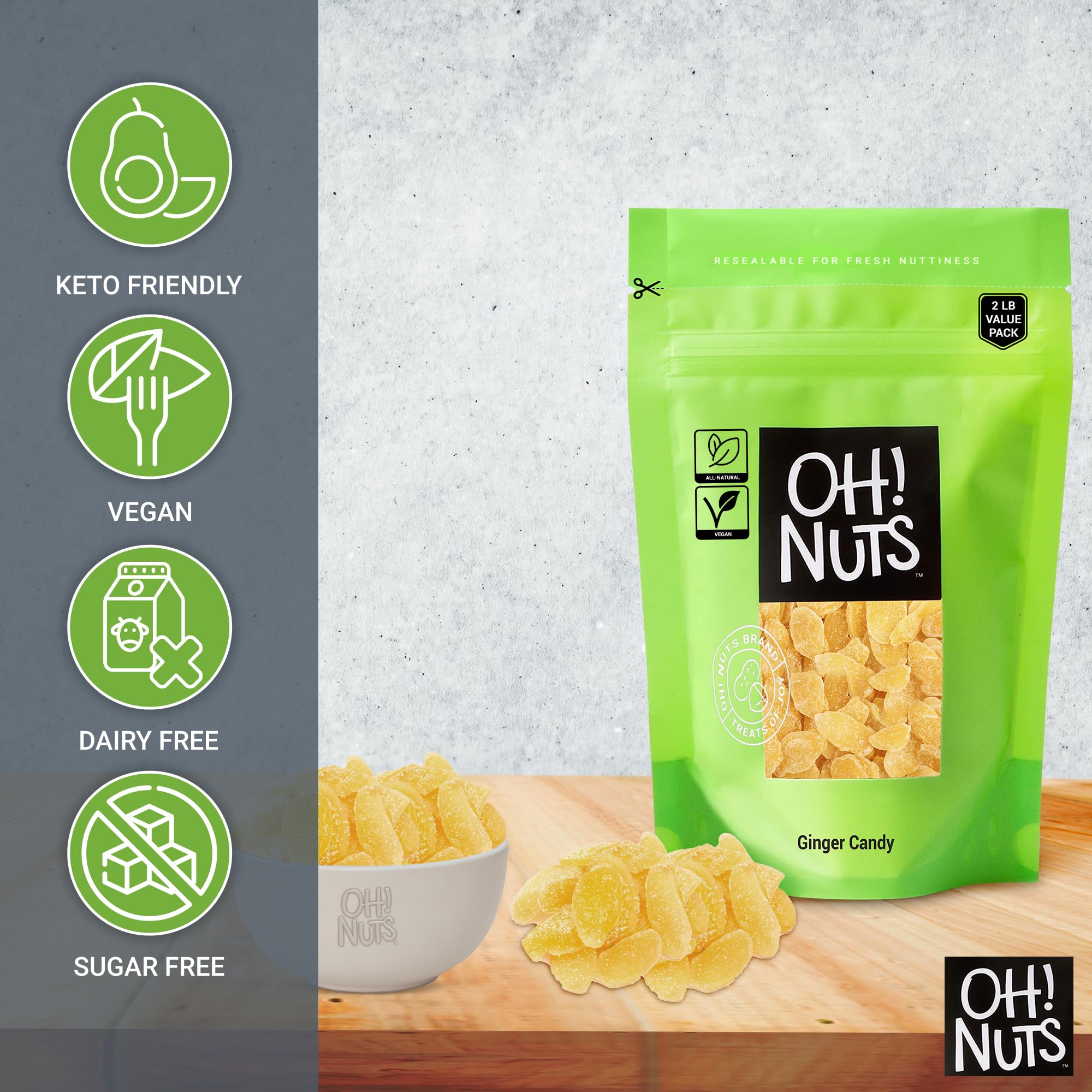 Oh! Nuts Ginger Candy - 2 lb Bag - Dried Ginger Slices with Crystallized Sugar Coating - Dehydrated Fruit Snacks - Packed in Resealable Zip Bag for Freshness - Perfect for Baking, Tea Pairing & Healthy On-the-Go Snacking