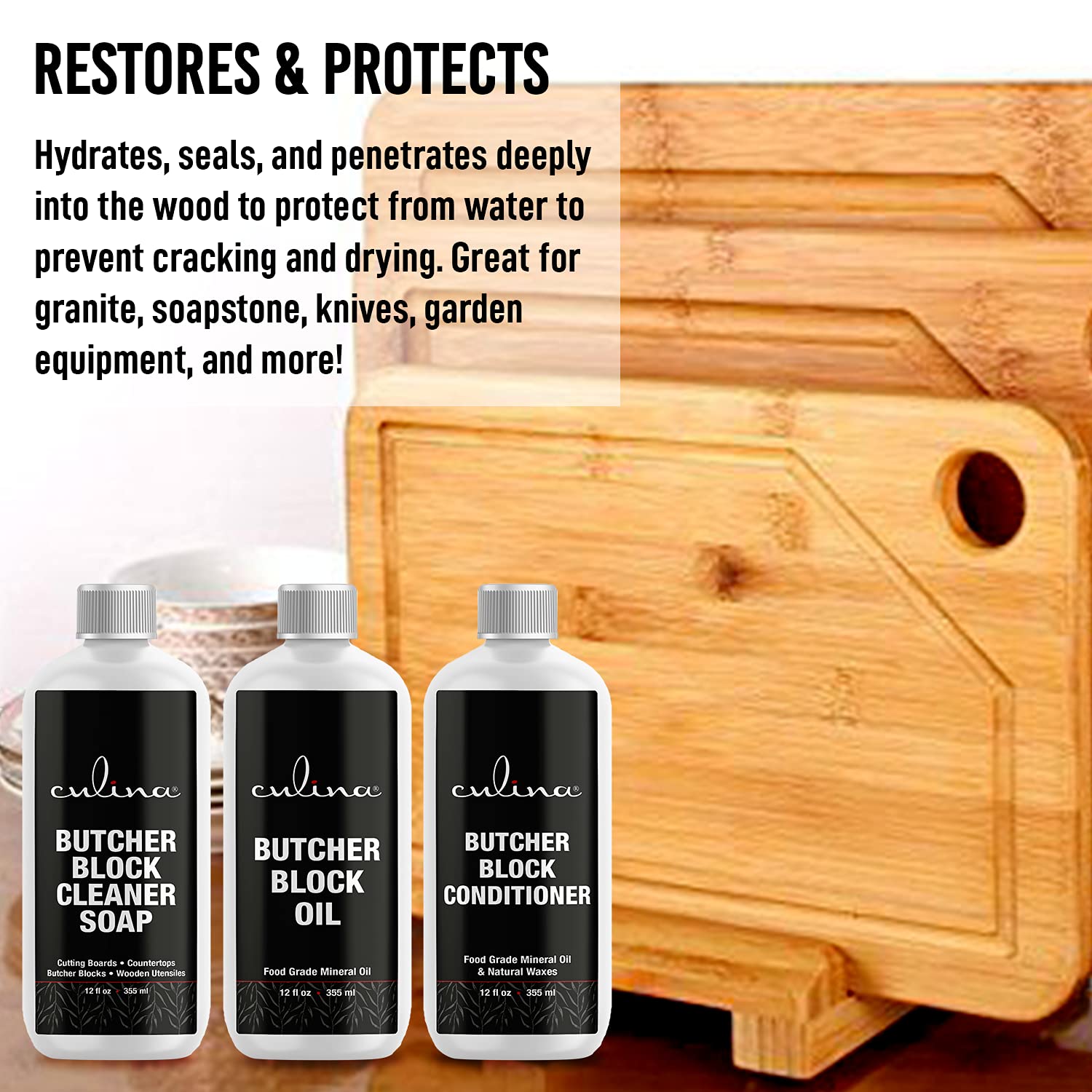Premium Food Grade Mineral Oil & Wax Conditioner Set for Cutting Boards, Countertops, Butcher Blocks - USDA Approved, Non-Toxic, Made in USA | Wood Care & Maintenance for Kitchen, Dining, Food Prep Surfaces