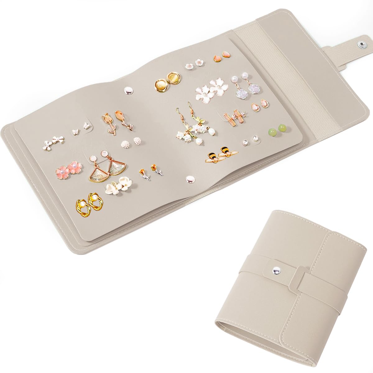 42-Pair Travel Earring Organizer Book - Compact Stud Earring Storage Case for Women & Girls | Portable Jewelry Holder for Travel, Home, Office & Gifts (Beige)