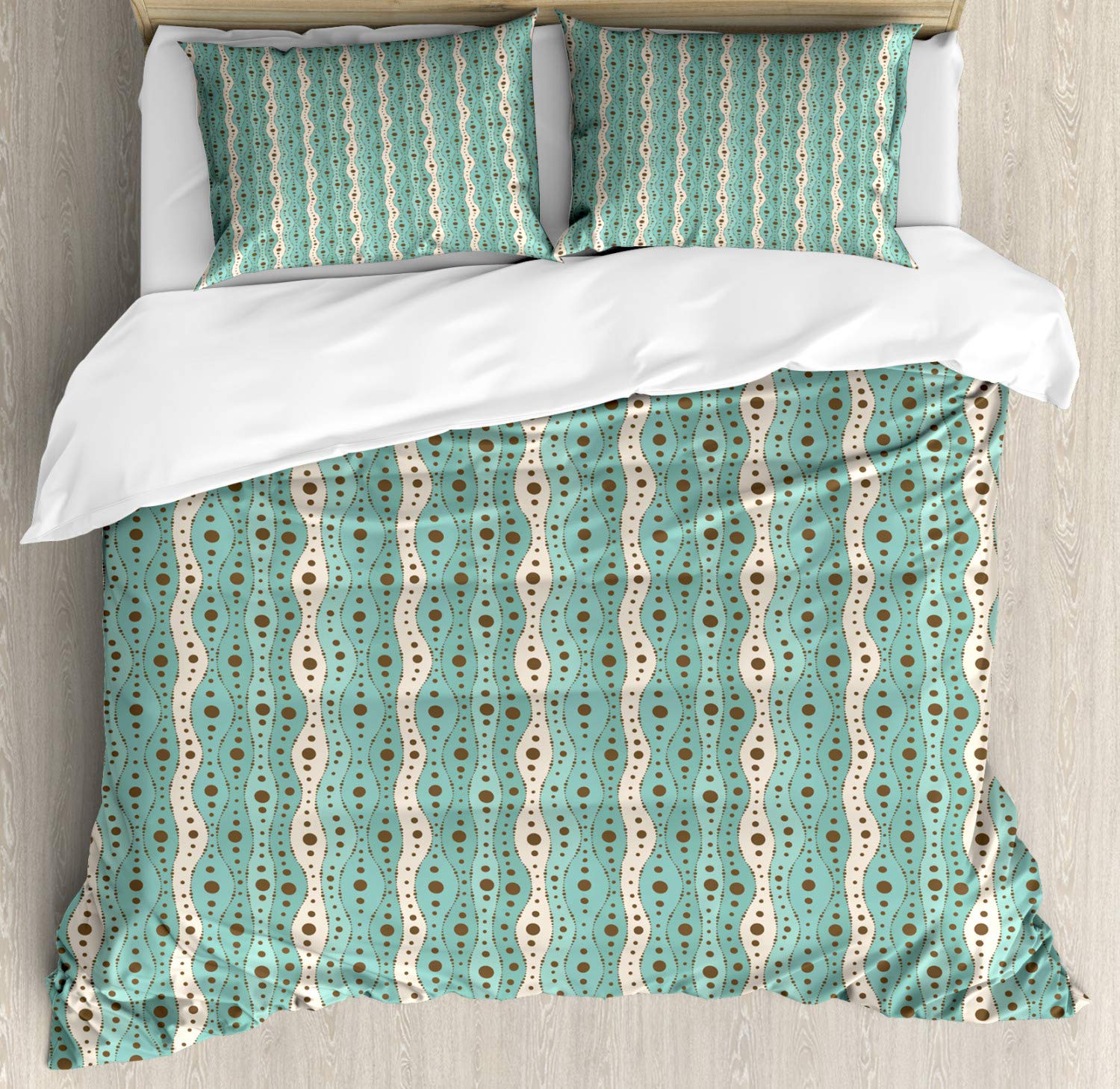 Ambesonne Turquoise Duvet Cover Set - Traditional Polka Dots & Vertical Lines Abstract Design | 3-Piece California King Bedding Set with 2 Pillow Shams in Turquoise, Brown & Cream | Perfect for Modern Bedrooms, Guest Rooms & Bohemian Home Decor