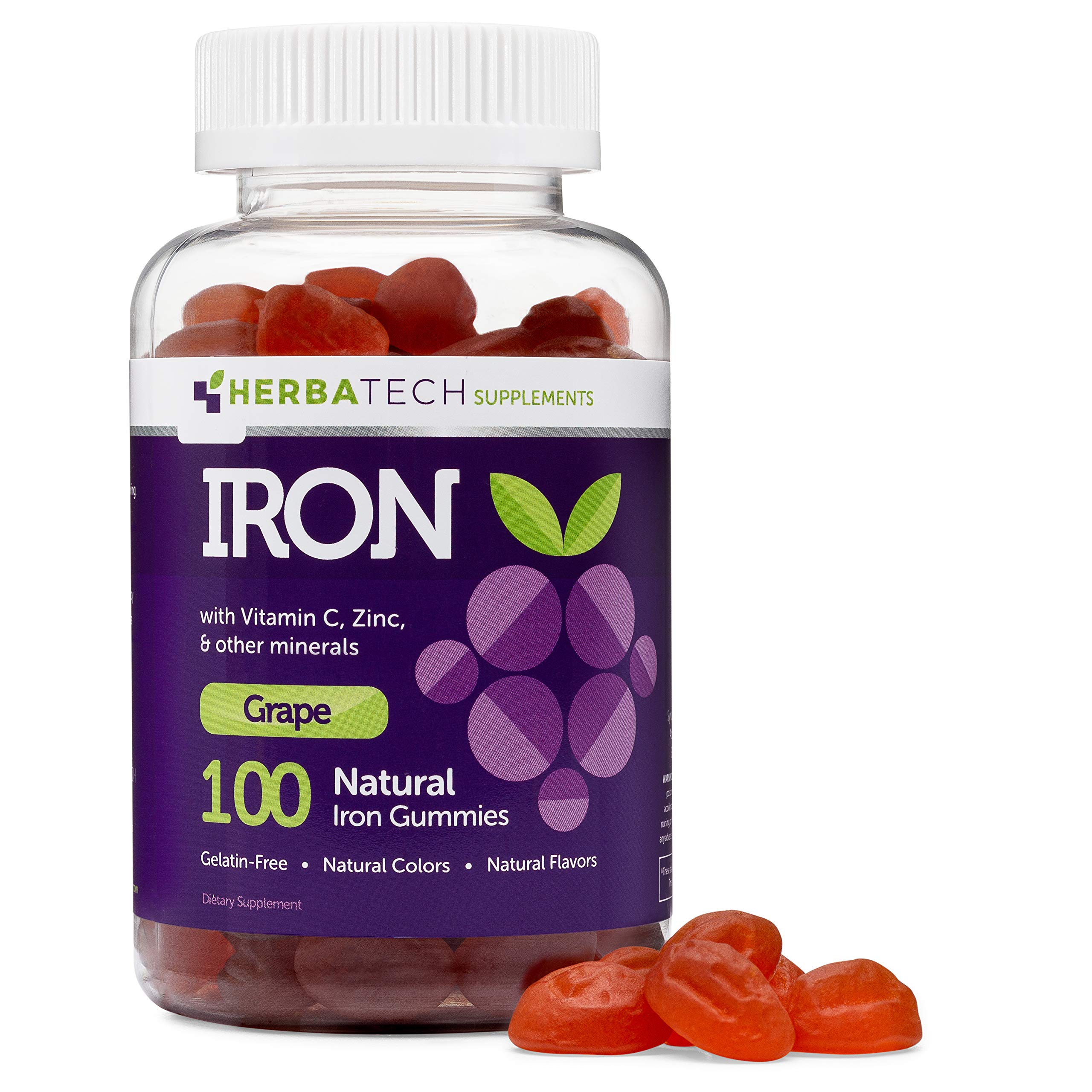 Iron Gummies for Adults & Kids - Chewable Multivitamin with Iron, Vitamin C, A, B, Zinc, Folic Acid & Biotin | Grape Flavor | Vegan, Non-GMO | Made in USA by HERBATECH | Supports Energy, Immunity & Healthy Hair Growth for Busy Lifestyles & Active Families