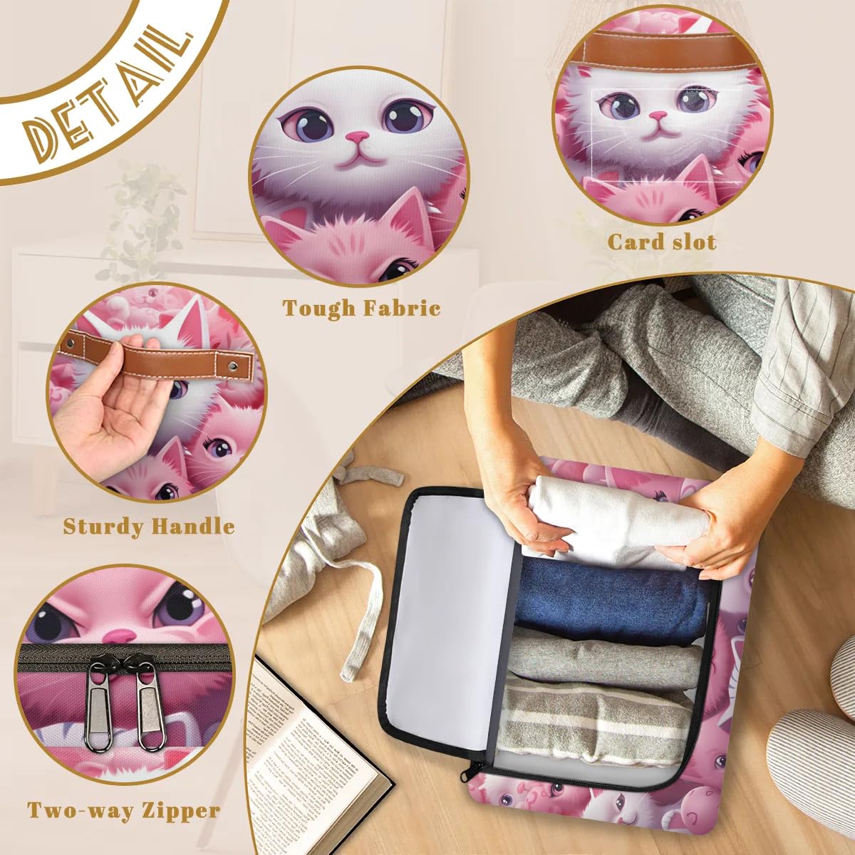 Collapsible Storage Bins with Lids - Cute Kitten Design Stackable Fabric Storage Cubes | Dustproof Closet Organizer for Clothes, Toys, Blankets | Perfect for Bedroom, Nursery, and Home Organization