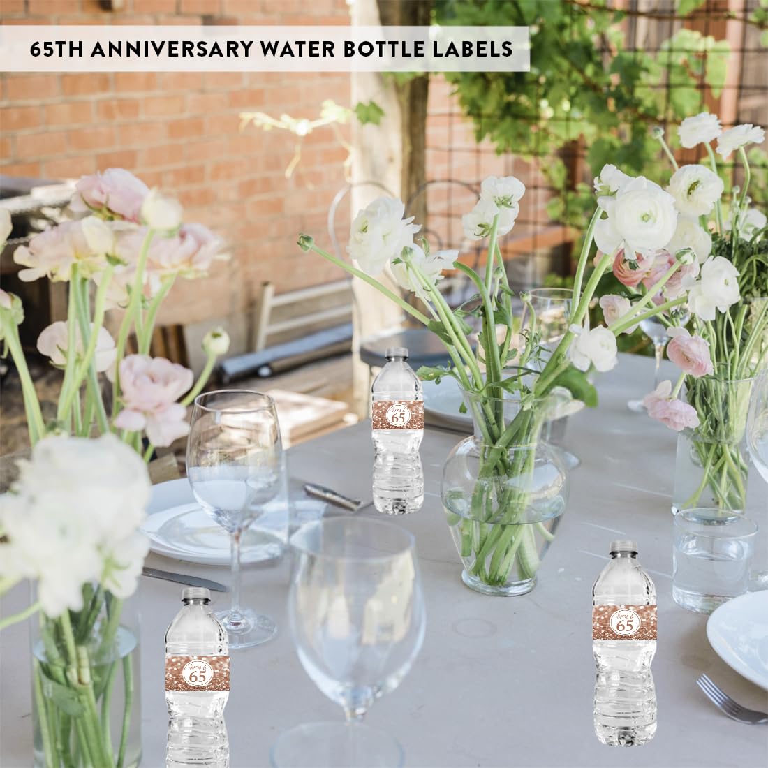 65th Birthday Water Bottle Labels - Glitzy Faux Glitter Rose Gold Stickers (20-Pack) for Women's Birthday Party Decorations & Anniversary Favors | Perfect for Celebrations, Party Decor, and Water Bottle Personalization