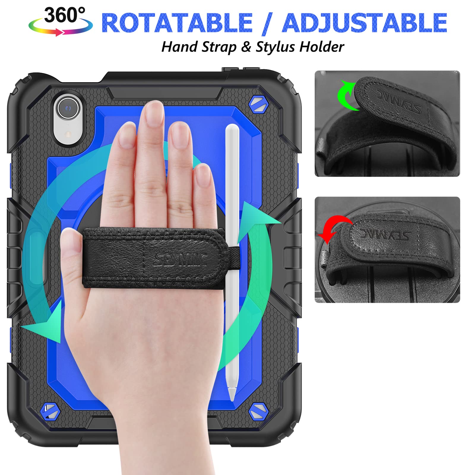 SEYMAC 360 Rotating Stand Case with Screen Protector & Pencil Holder for iPad Mini 7 (2024, A17 Pro) & iPad Mini 6 (8.3 Inch) - Shockproof Protective Cover with Hand Strap (Blue & Black) - Perfect for Work, Travel, and Entertainment