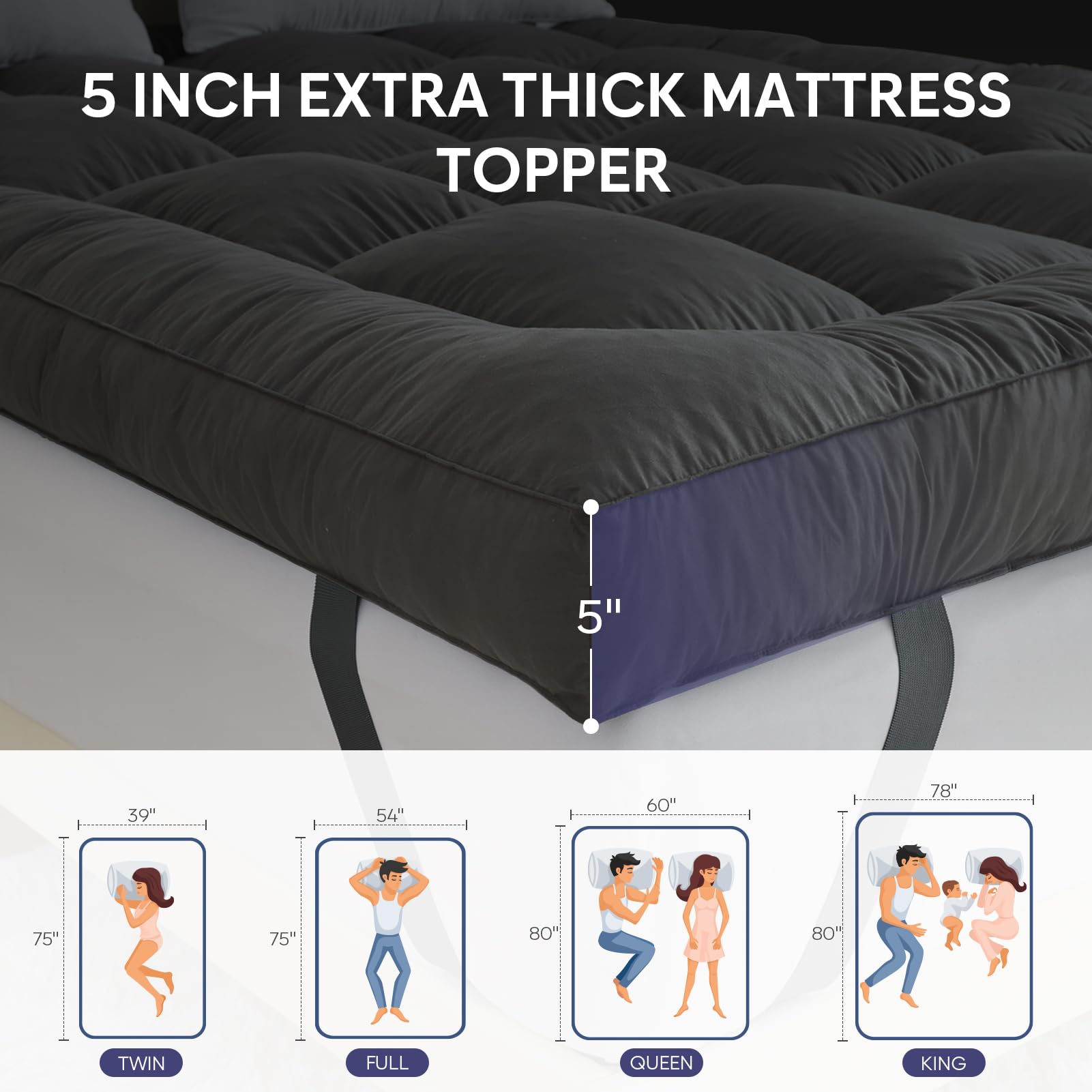 5 Inch Queen Size Mattress Topper with 4 Layer Goose Feather & Shredded Foam Filling - 100% Cotton Cover, CertiPUR-US Certified, Grey (60x80) - Perfect for Back Pain Relief & Luxurious Hotel-Style Comfort