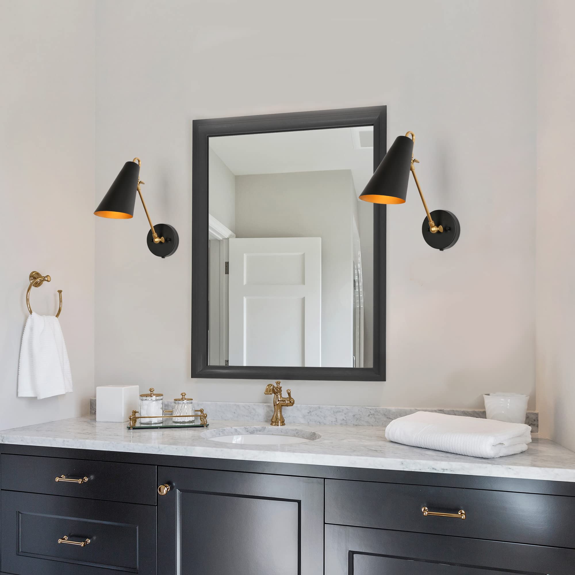 ZEVNI Modern Swing Arm Wall Lamp - Plug-in Wall Sconce with Adjustable Slant-Cut Metal Shade, Black Gold Finish | Perfect for Bedroom, Living Room & Office Lighting