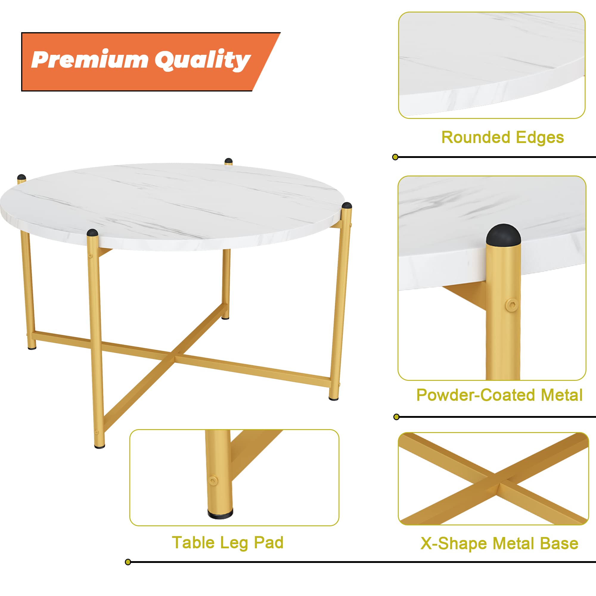 Lamerge 3-Piece Coffee Table Set - Modern Faux Marble Top with Gold Metal Frame, 1 Coffee Table & 2 Side Tables, White & Gold Living Room Furniture for Apartments, Offices - Perfect for Entertaining, Reading Nooks & Small Spaces (LCTR-W)