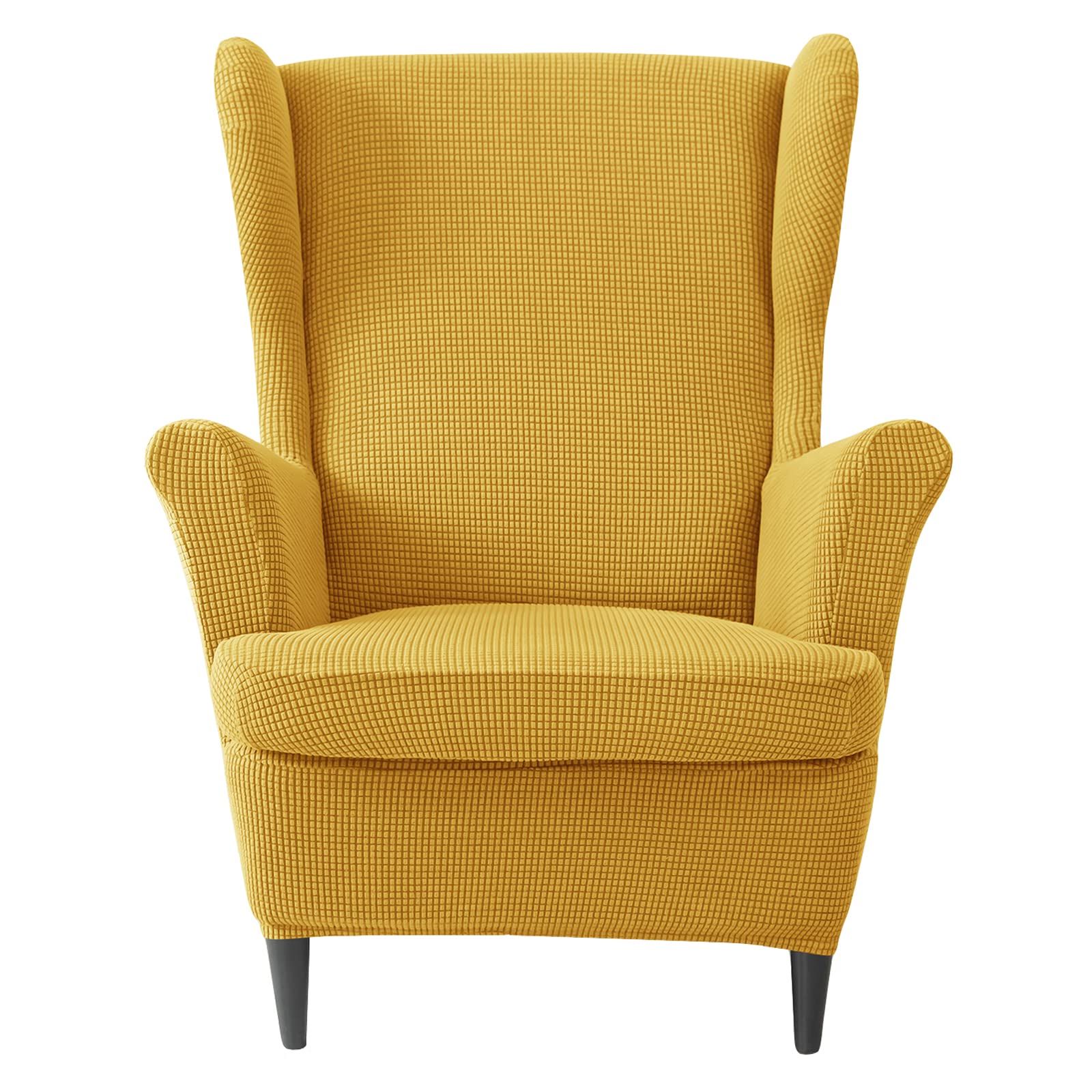 Stretch Wing Chair Slipcover 2-Piece Set - Plaid Wingback Chair Cover with Spandex & Non-Slip Design for Living Room Furniture - Yellow - Perfect for Home Decor, Sofa Protection & Easy Cleaning