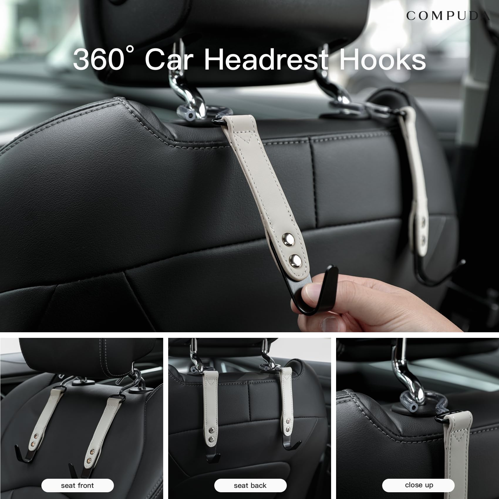 2 Pack Car Headrest Hooks - Premium Leather & SUS304 Steel Hangers for Purses, Bags, Groceries - Perfect for Road Trips, Shopping & Daily Commute (Grey)