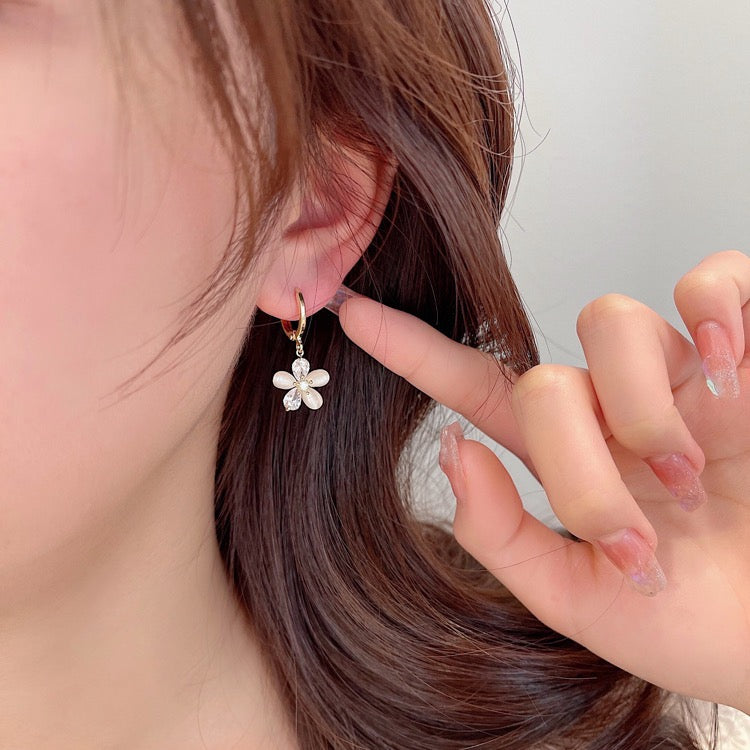 Cat Eye Stone Flower Charm Drop Hoop Earrings for Women | HE6205 | Elegant Jewelry for Parties, Weddings & Special Occasions