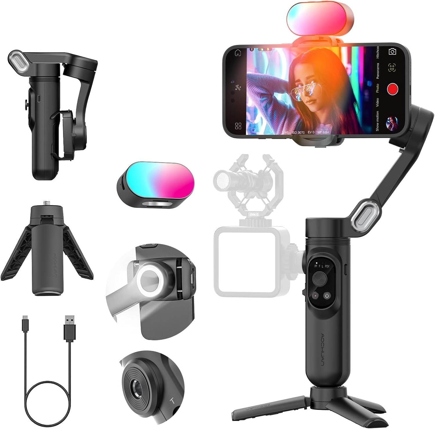 Smart X Kit Black - 3-Axis Handheld Gimbal Stabilizer for iPhone 15/14 & Android Phones with RGB Light & AI Tracking | Perfect for Smooth Video Recording, Vlogging, TikTok & YouTube Content Creation