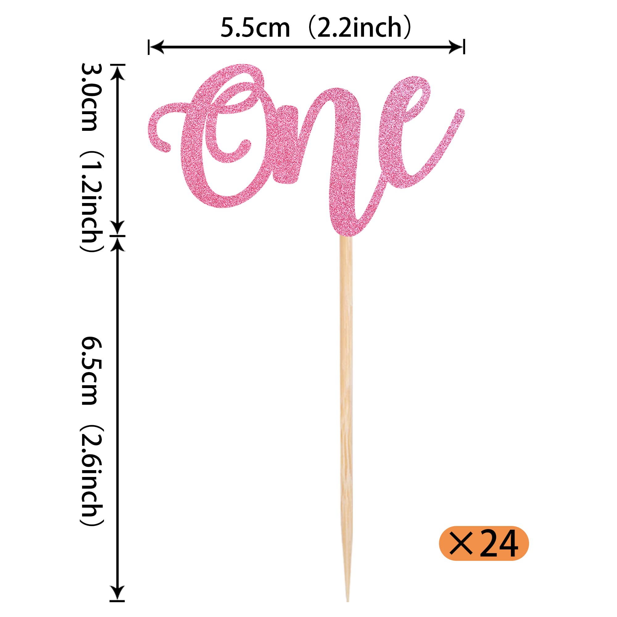 24 Pack Glitter Baby First Birthday Cupcake Toppers - Pink Cake Decorations for Baby Shower, Boys & Girls 1st Birthday Party Supplies | Perfect for Cupcake, Cake, and Dessert Decor