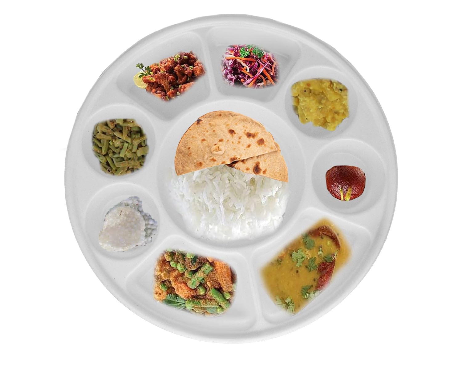 9-Compartment White Disposable Party Thali Plates - 200 Pack | Eco-Friendly Divided Serving Plates for Indian Cuisine, Buffets, Weddings & Festive Celebrations