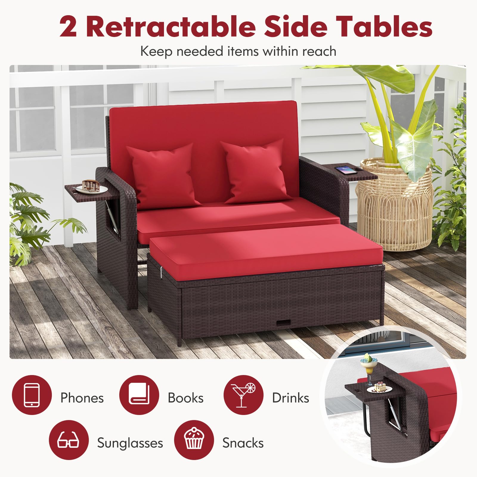 RELAX4LIFE Outdoor Wicker Daybed with Adjustable Backrest - Rattan Patio Lounger Set with Loveseat, Storage Ottoman & Cushions - 4-Level Reclining & 2 Retractable Trays - Perfect for Poolside, Garden or Patio Relaxation (Red)