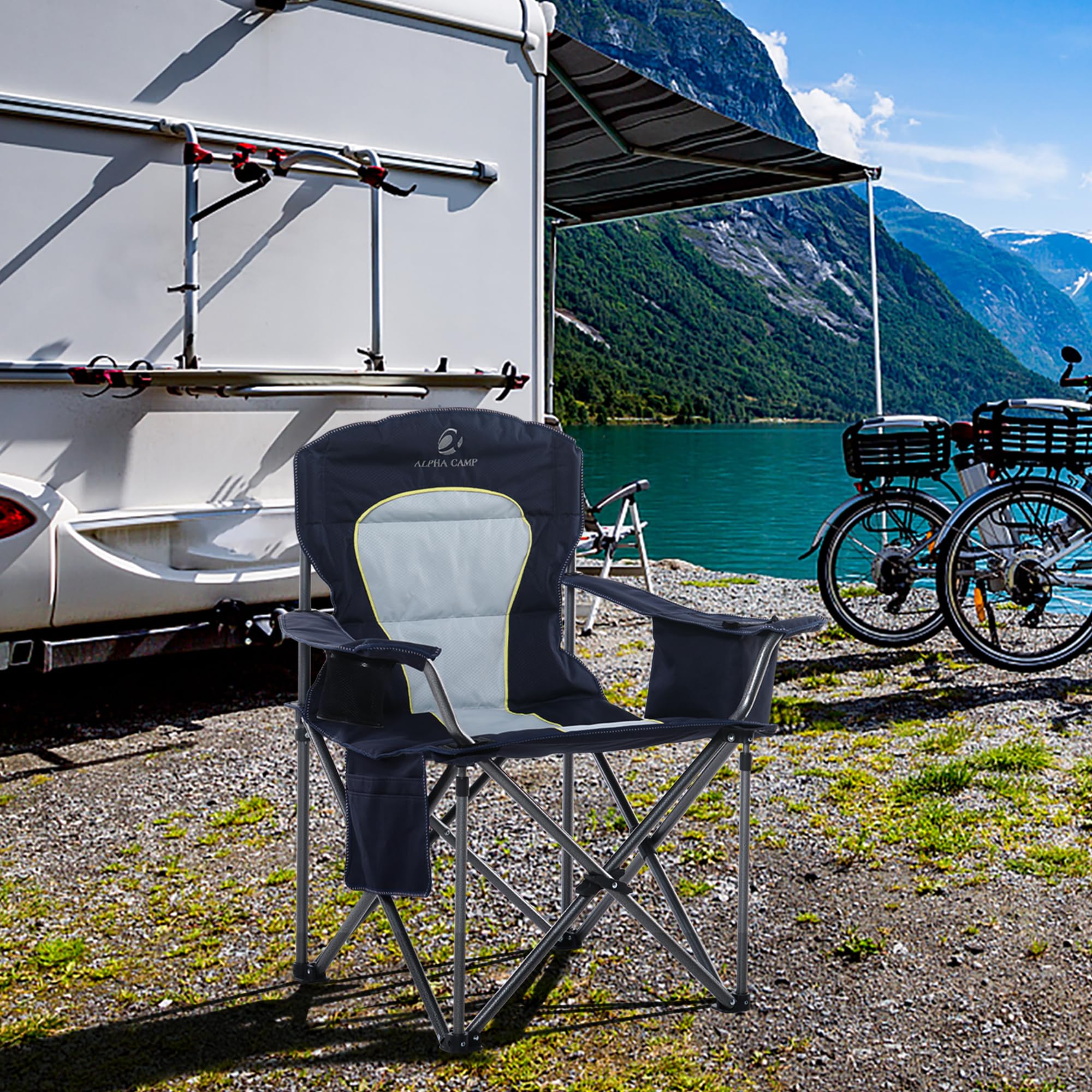 LET'S CAMP Oversized Folding Camping Chair - Heavy Duty Portable Outdoor Chair with Cup Holder, Storage Pocket & Cooler Bag - Supports 450LBS - 2 Pack Blue - Perfect for Camping, Beach, Backyard, Picnic, Fishing, and Outdoor Events