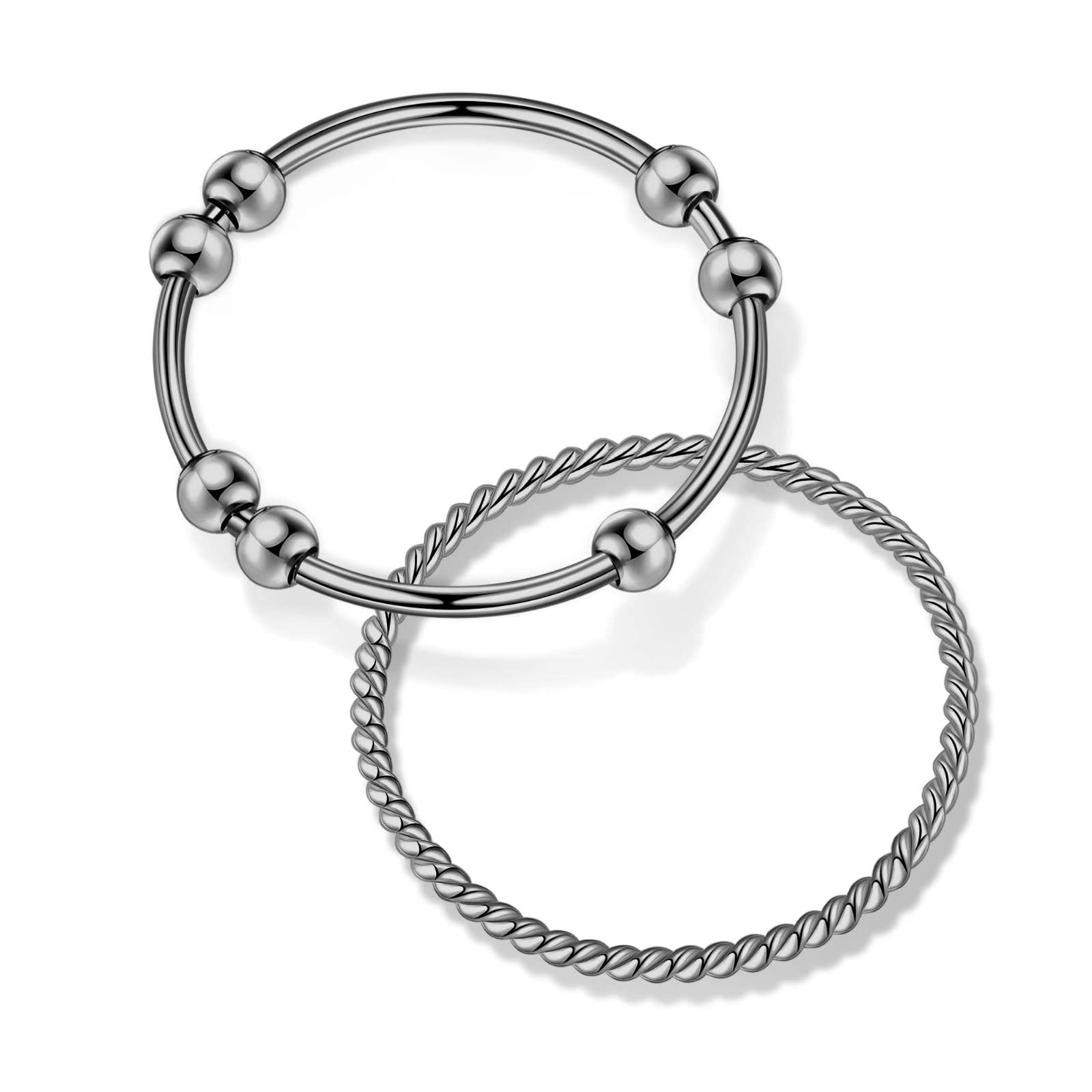 S925 Sterling Silver Fidget Ring for Women & Men - 2PCS Anti Anxiety Spinner Rings with Beads, Stress Relief Twist Rings for Adults & Teens - Perfect for ADHD, OCD, Anxiety Relief & Focus Enhancement at Work/School
