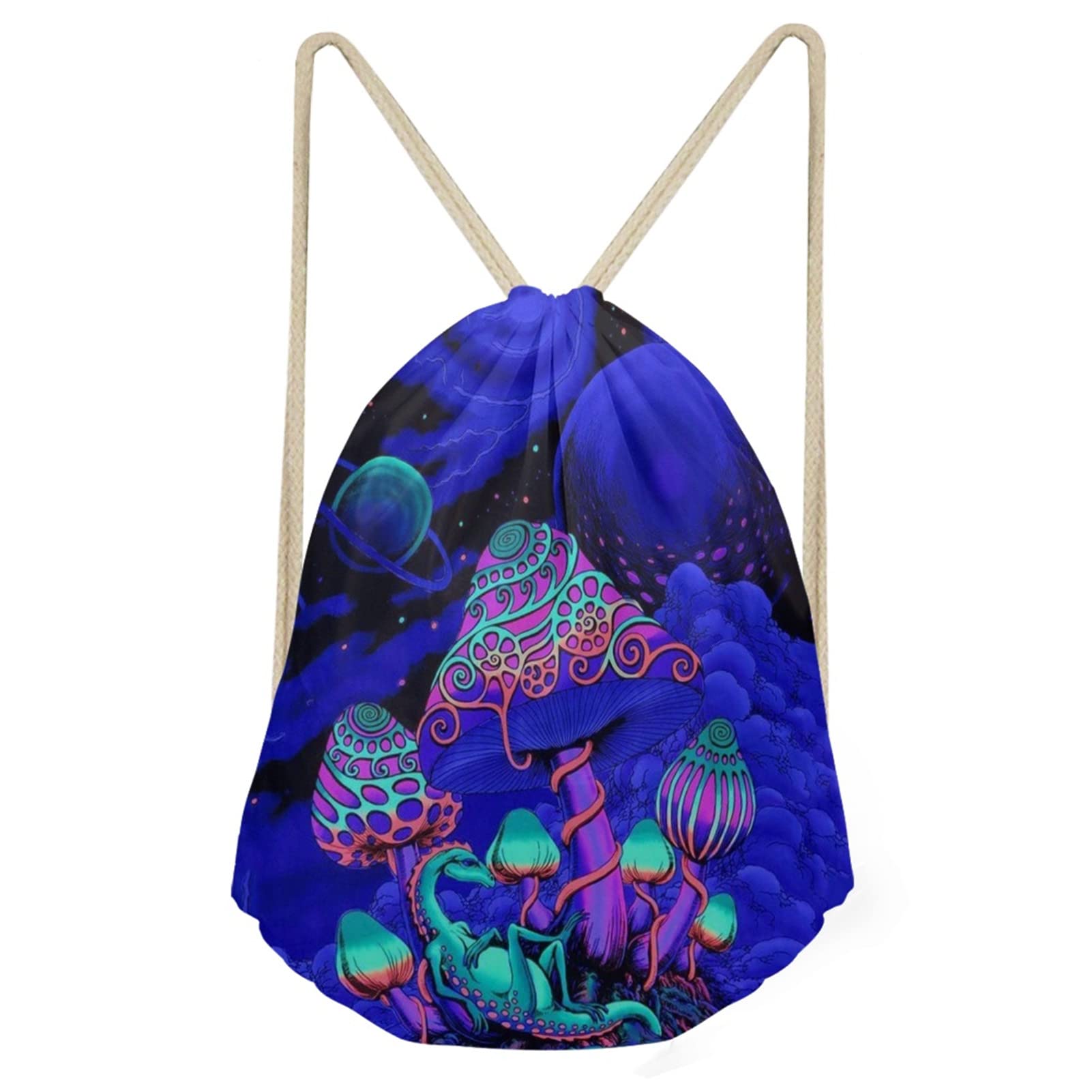 Blue Mushroom Print Drawstring Backpack - Lightweight Polyester String Sackpack for Women, Men, Boys & Girls - Perfect for Yoga, Gym, Workout, Camping, Hiking, Travel & Outdoor Shopping