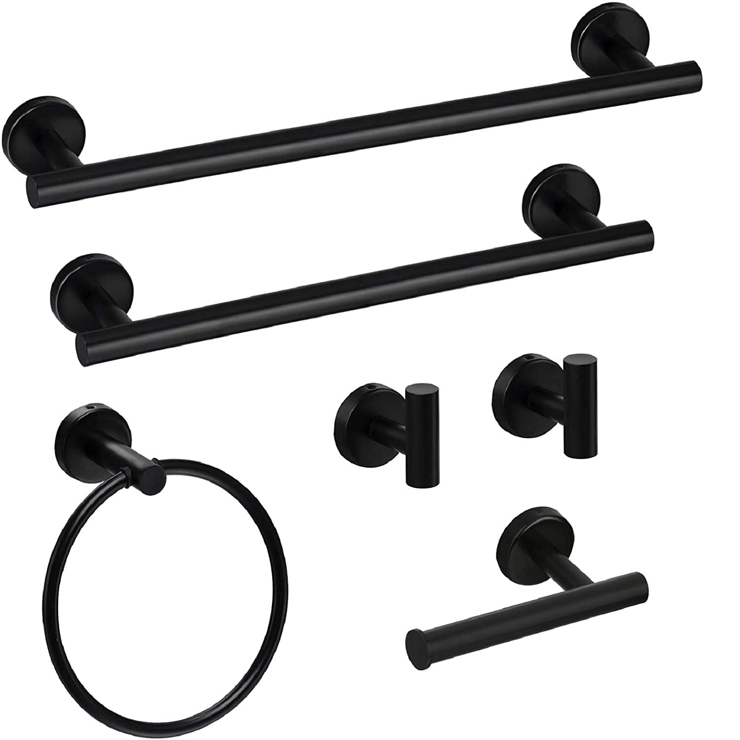 6-Piece Stainless Steel Bathroom Towel Rack Set - Wall Mounted Towel Bar, Towel Ring, Toilet Paper Holder & Robe Hook in Black - Perfect for Modern Bathrooms, Showers & Powder Rooms