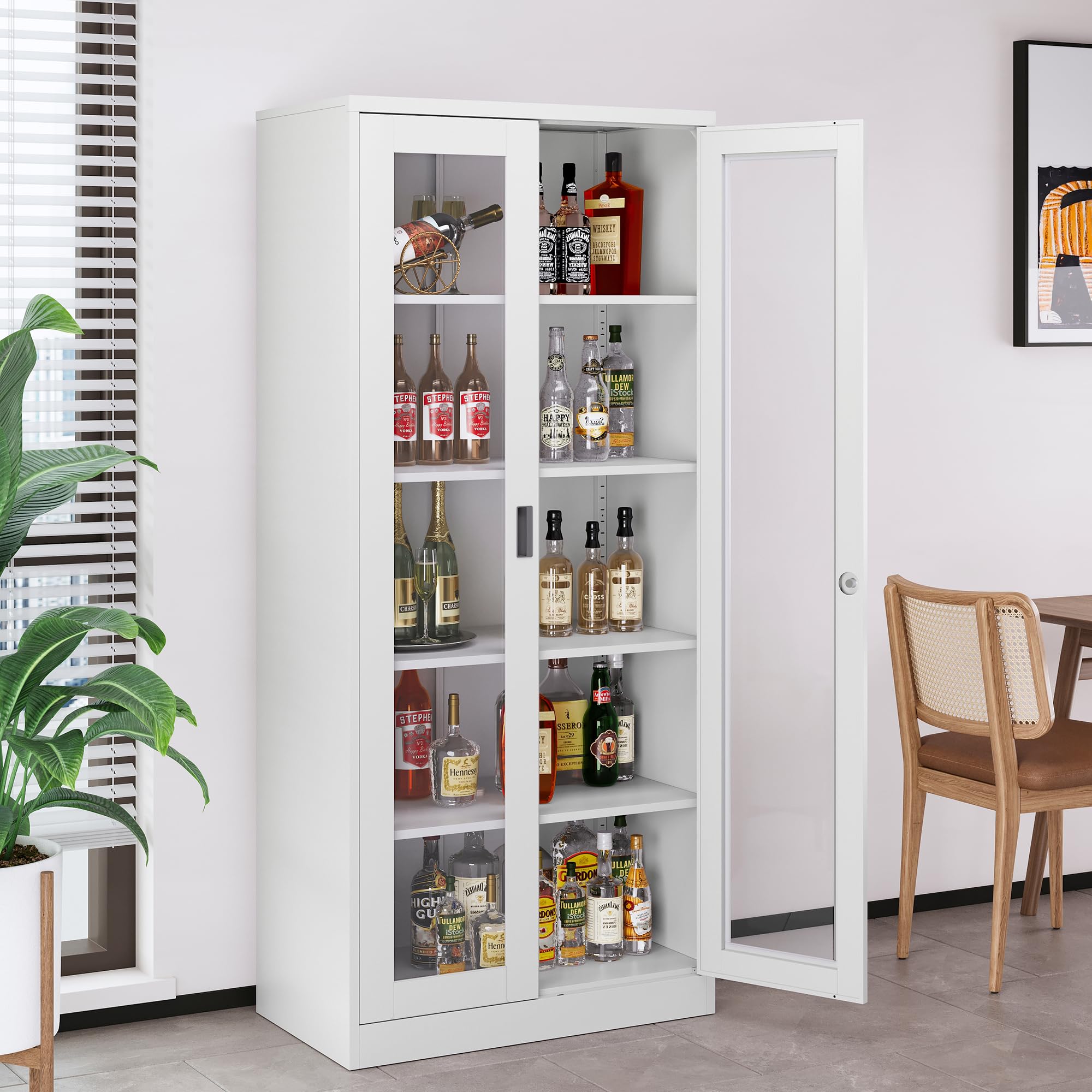 Tall Display Storage Cabinet with Tempered Glass Door - 4 Adjustable Metal Shelves for Home Office, Living Room & Study - White | Perfect for Organizing Books, Decor & Office Supplies