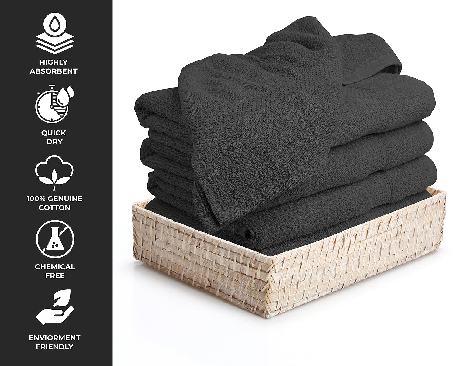 Premium 24x46 Inch Cotton Bath Towels Set of 6 - Super Absorbent & Quick Dry Terry Towels for Bathroom, Shower, Pool, Spa & Gym | Soft Hand Towels for Daily Use | Lightweight & Durable | Charcoal Grey | Perfect for Hotels, Guest Rooms & Beach Trips